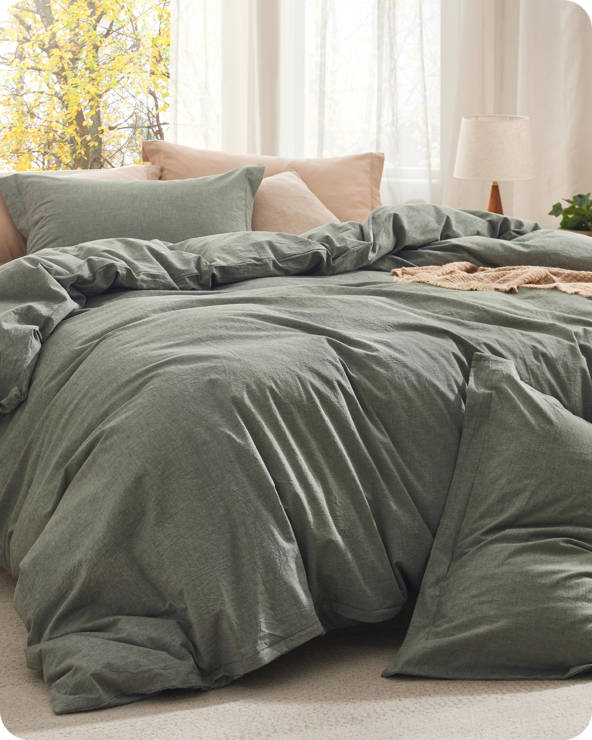 Bedsure PureWoven Cotton Comforter Set King Grayish Olive Green