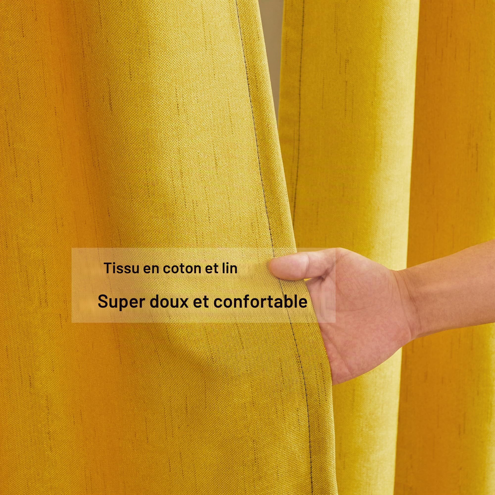PRIMROSE Lot de 2 Rideaux occultants en Lin à Isolation Thermique avec œillets pour Salon, Chambre à Coucher, Bleu Marine, Jaune, 274,3 cm de Long