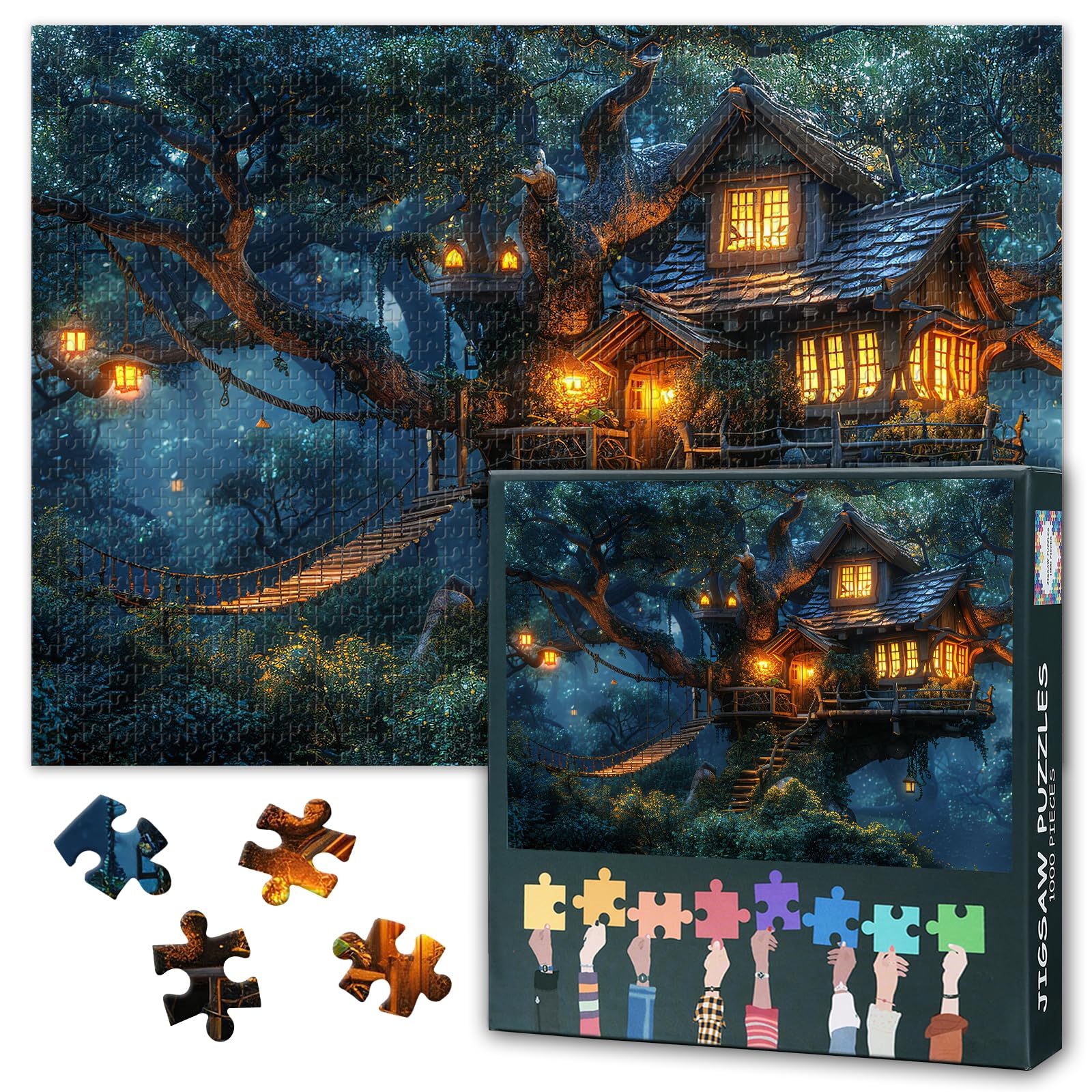 Jigsaw Puzzles for Adults 1000 Pieces, Enchanted Tree House in Lush Forest Wilderness with Majestic Trees