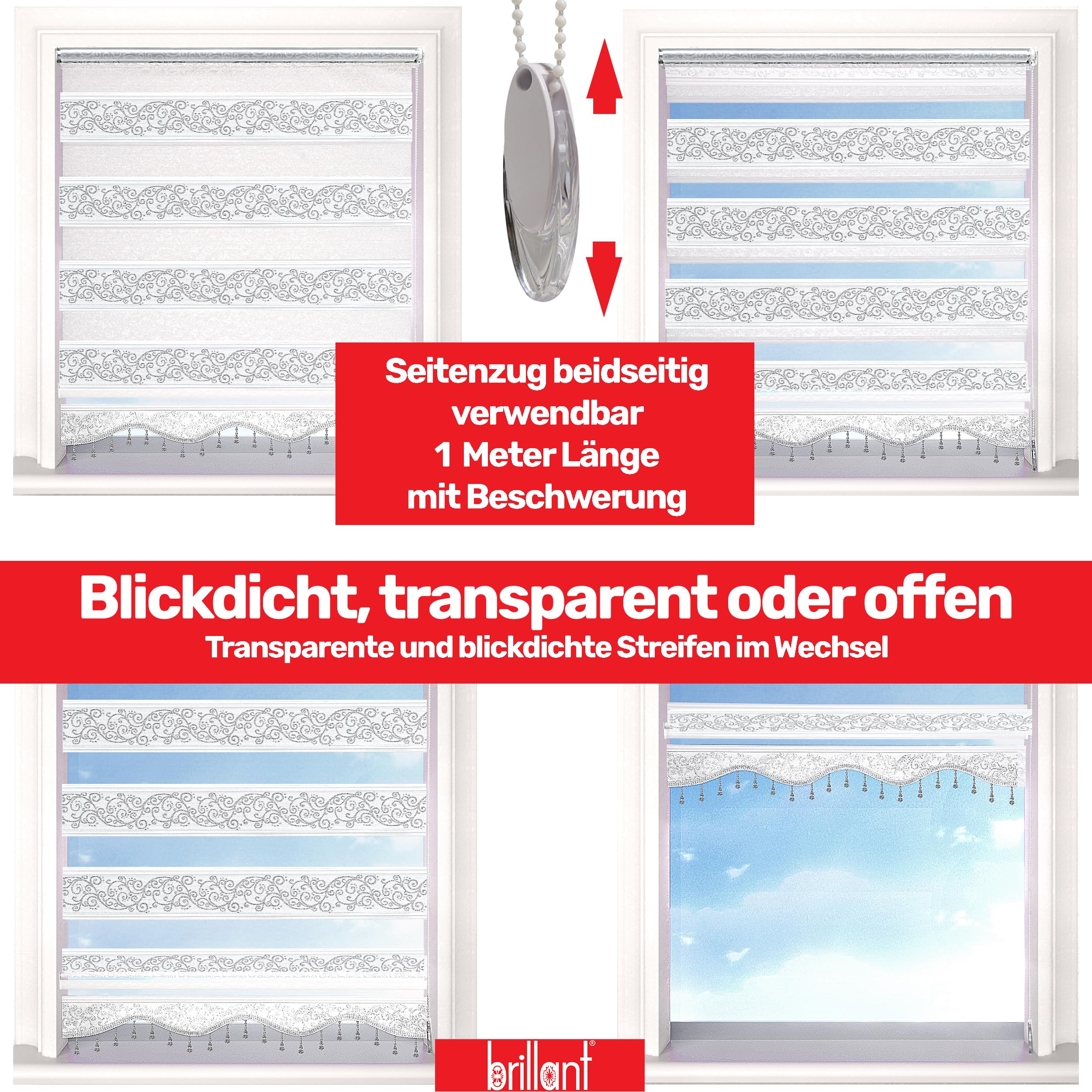 Brillant Doppelrollo Klemmfix ohne Bohren Weiß Silber 200 x 110 cm (Länge x Breite) Duorollo Blickdicht mit Perlen, glitzert, Raffrollo Fenster Tür Zebra Perde Klemmrollo Seitenzugrollo