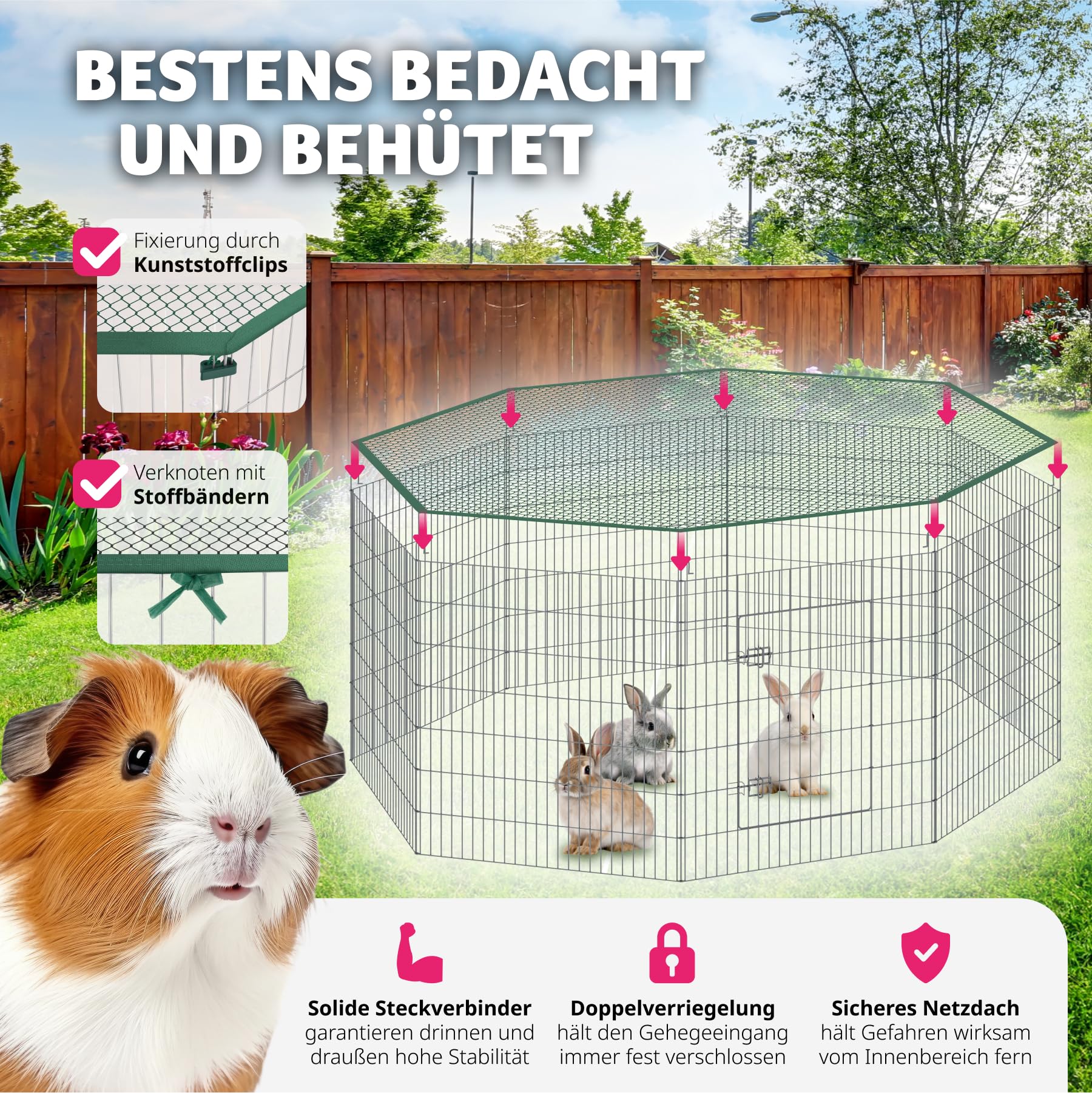 tectake® Freilaufgehege mit Sicherheitsnetz, Ø 204 cm, Welpenauslauf, Kleintierstall mit 8 Gitter, Kleintiergehege für Innen und Außen, Tierlaufstall mit Tür, Ideal für Kaninchen und Meerschweinchen