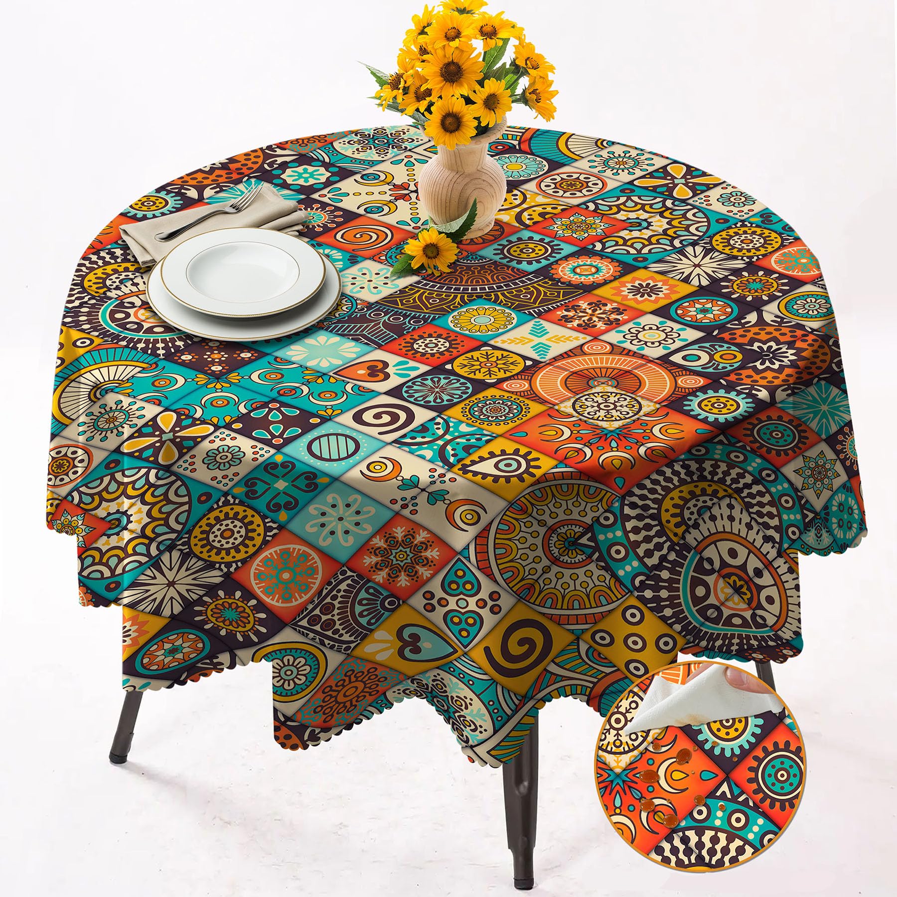 Round Tablecloth 152cm Wrinkle Free Washable Polyester Table Cloth for Circular Table, Home Dining Party Use,Bohemian Style Round Wipe Clean Tablecloth 60 Inches (Color 11)