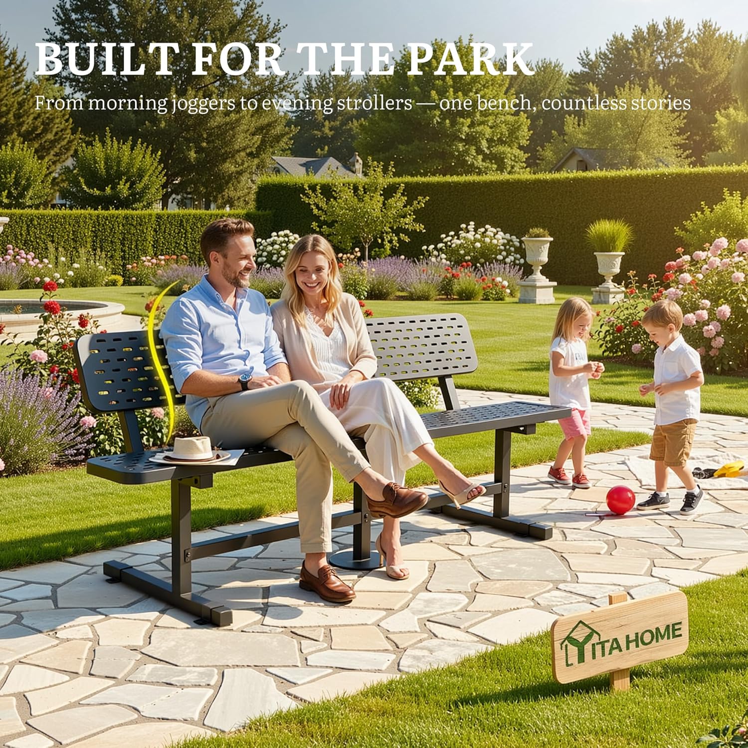 YITAHOME 6ft Outdoor Metal Park Bench with Back, Heavy Duty Park Carbon Steel Bench, Metal Garden Park Bench Thermoplastic Coated Weatherproof Seating for Patio Yard Commercial Use, 573 Lbs Cap Black