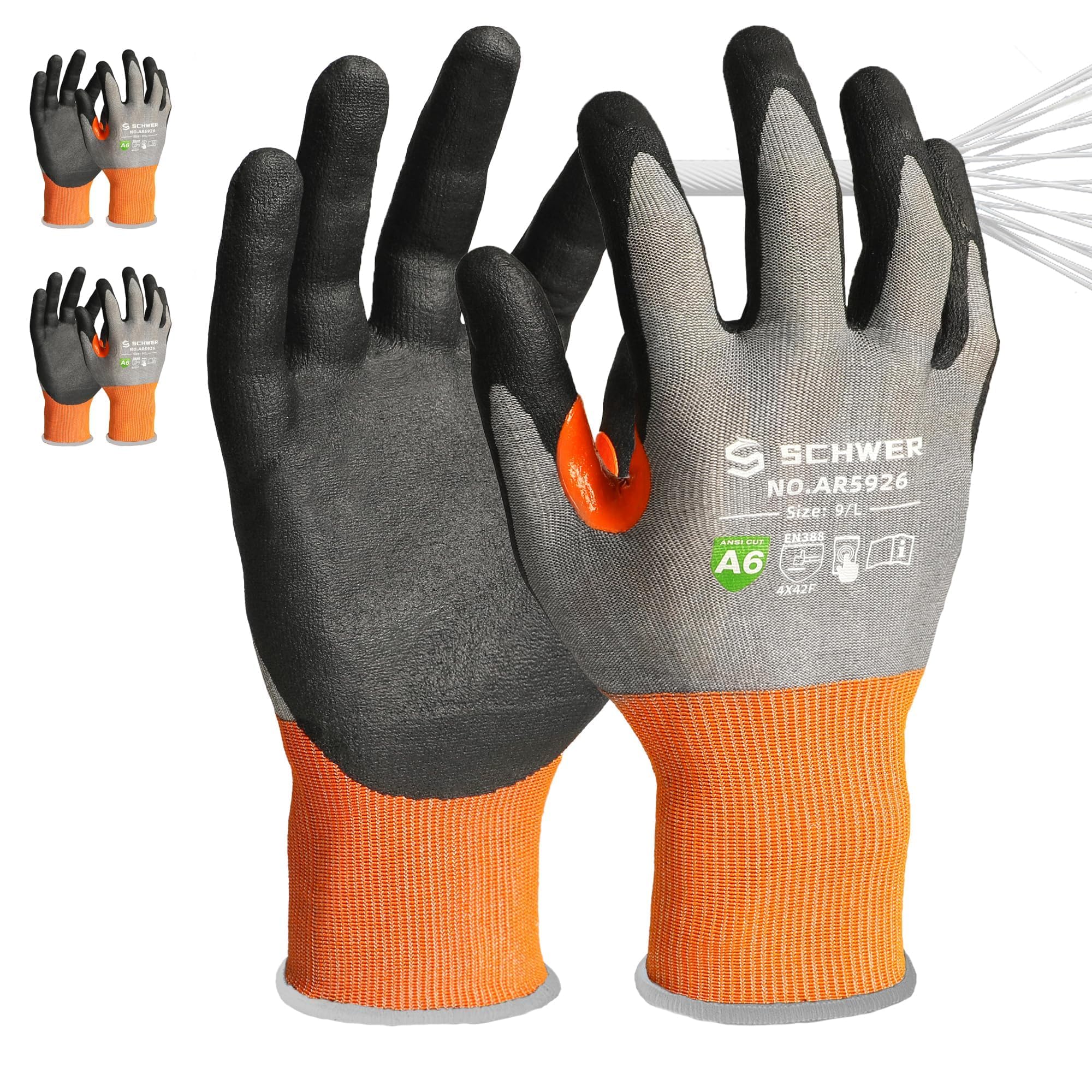 Schwer A6 AIR-SKIN Cut Resistant Work Gloves, Comfortable & Breathable, 21-Gauge Seamless Knit Flexible Safety Working Gloves with Grip for Refined
