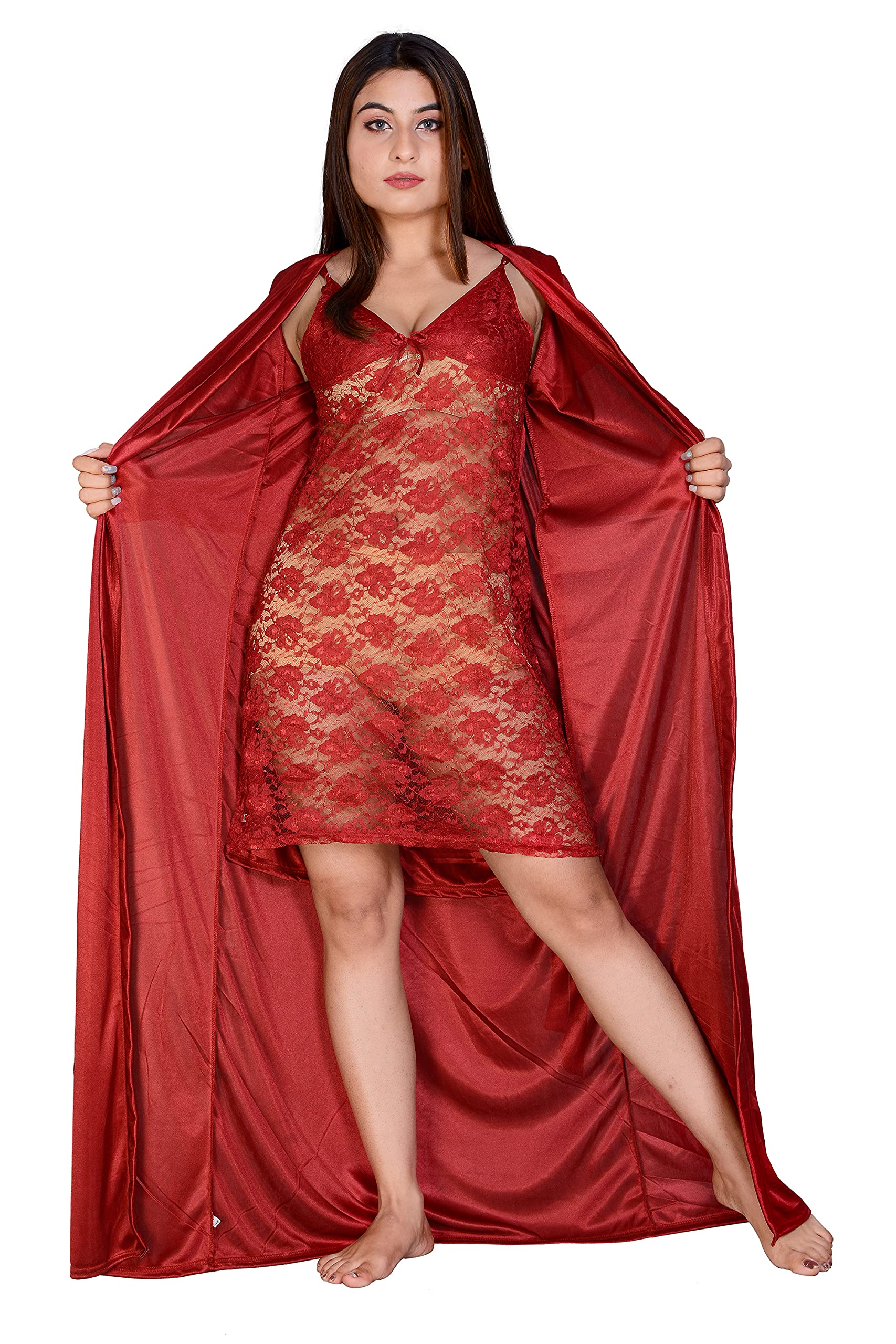 Satin Women's/Girls Nightwear Nighty 2 Pc Sleepwear set-04 Maroon-image-34
