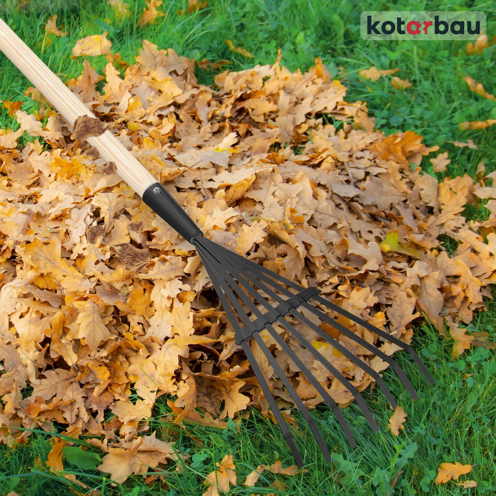 KOTARBAU® Rateau à Feuille - Acier - 14 cm - Râteau Jardin- avec Manche - 108 cm - Ramasse Feuille - Outil Robuste pour Gazon et Feuilles - Noir et Bois Naturel