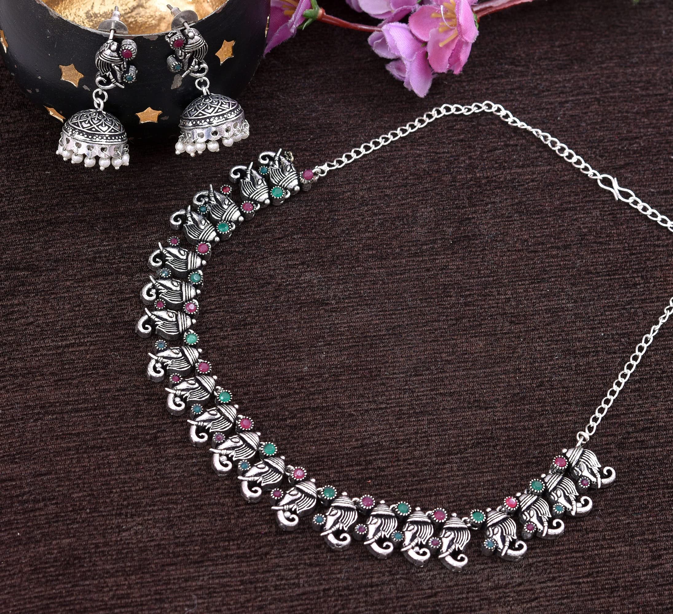Oxidized Elephant Theme Rakhi Necklace Set Red & Green Stone Earrings