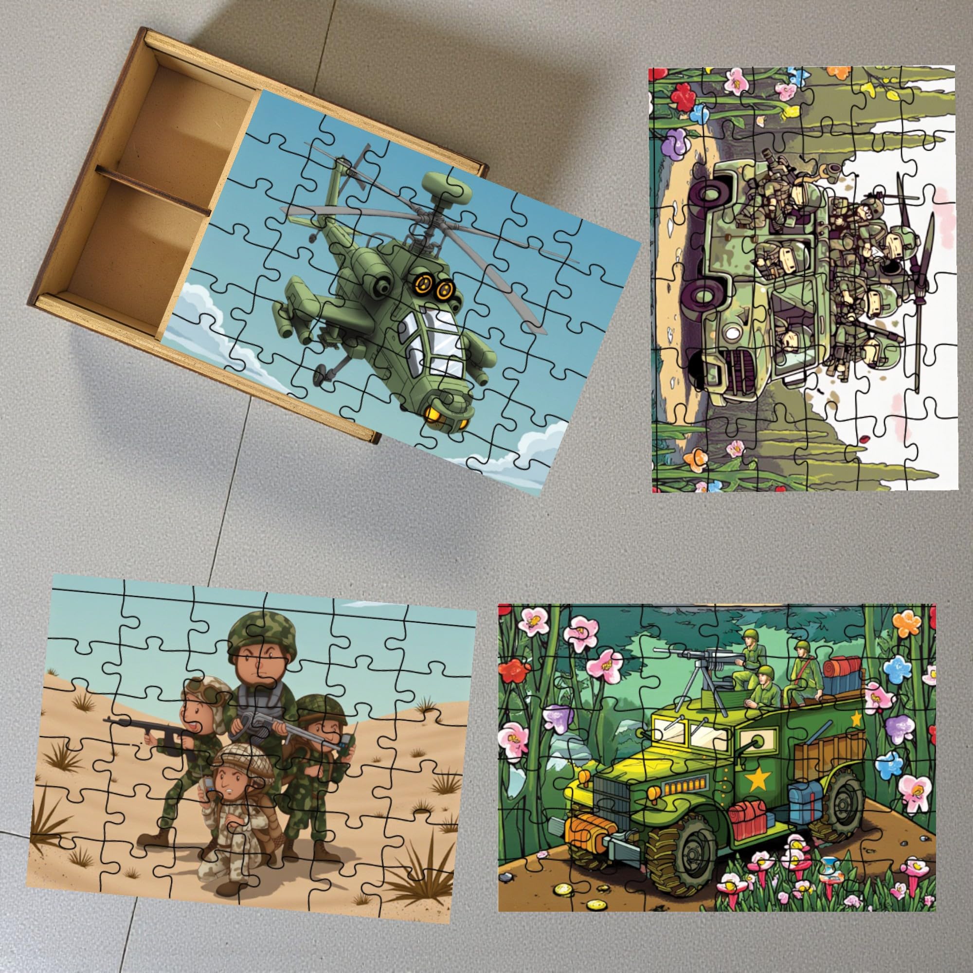 BAGJI TOYS Wooden Defence Vehicle Jigsaw Puzzle Set for Kids (3+ Years) | 4-in-1 Action Theme Puzzles with Wooden Storage Box | Educational Learning & Screen-Free Toy