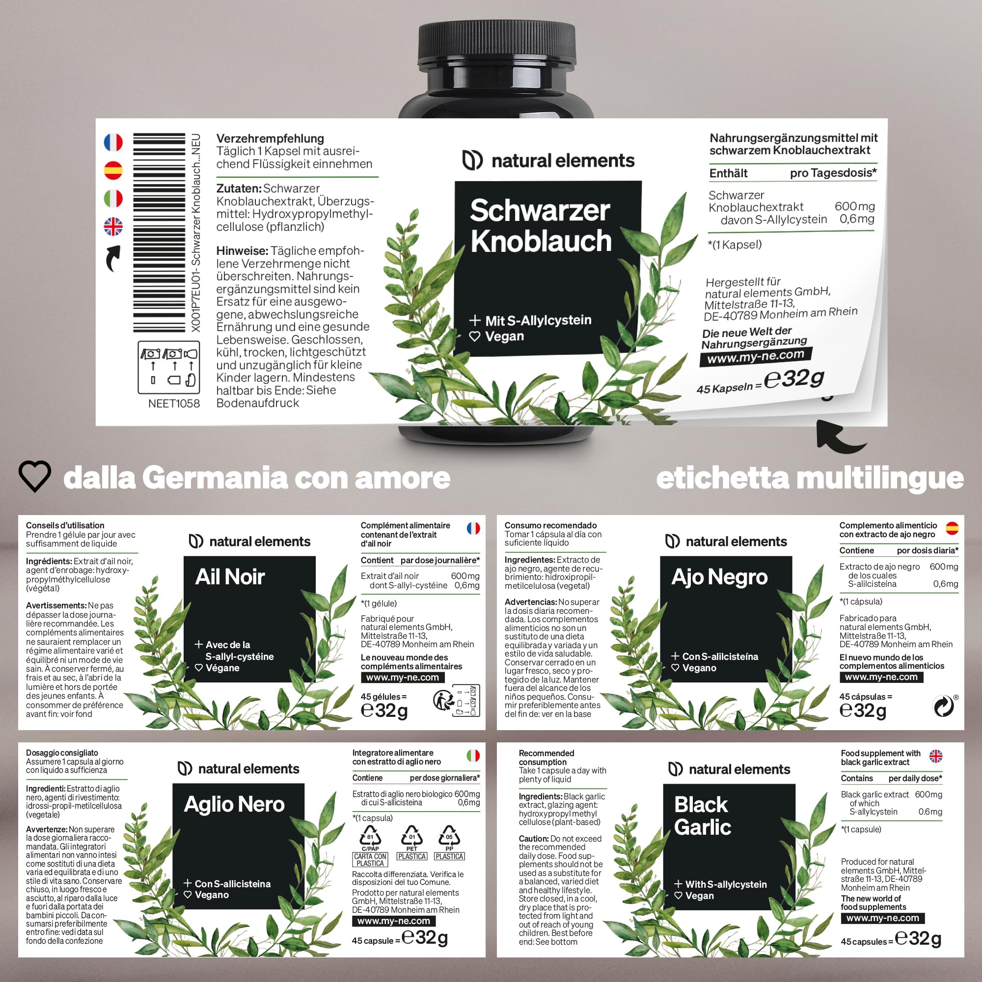 Aglio Nero – 45 capsule da 600 mg ciascuna – miracoloso bulbo con S-allicisteina – naturale, vegano, ad alto dosaggio – prodotto e testato in laboratorio in Germania