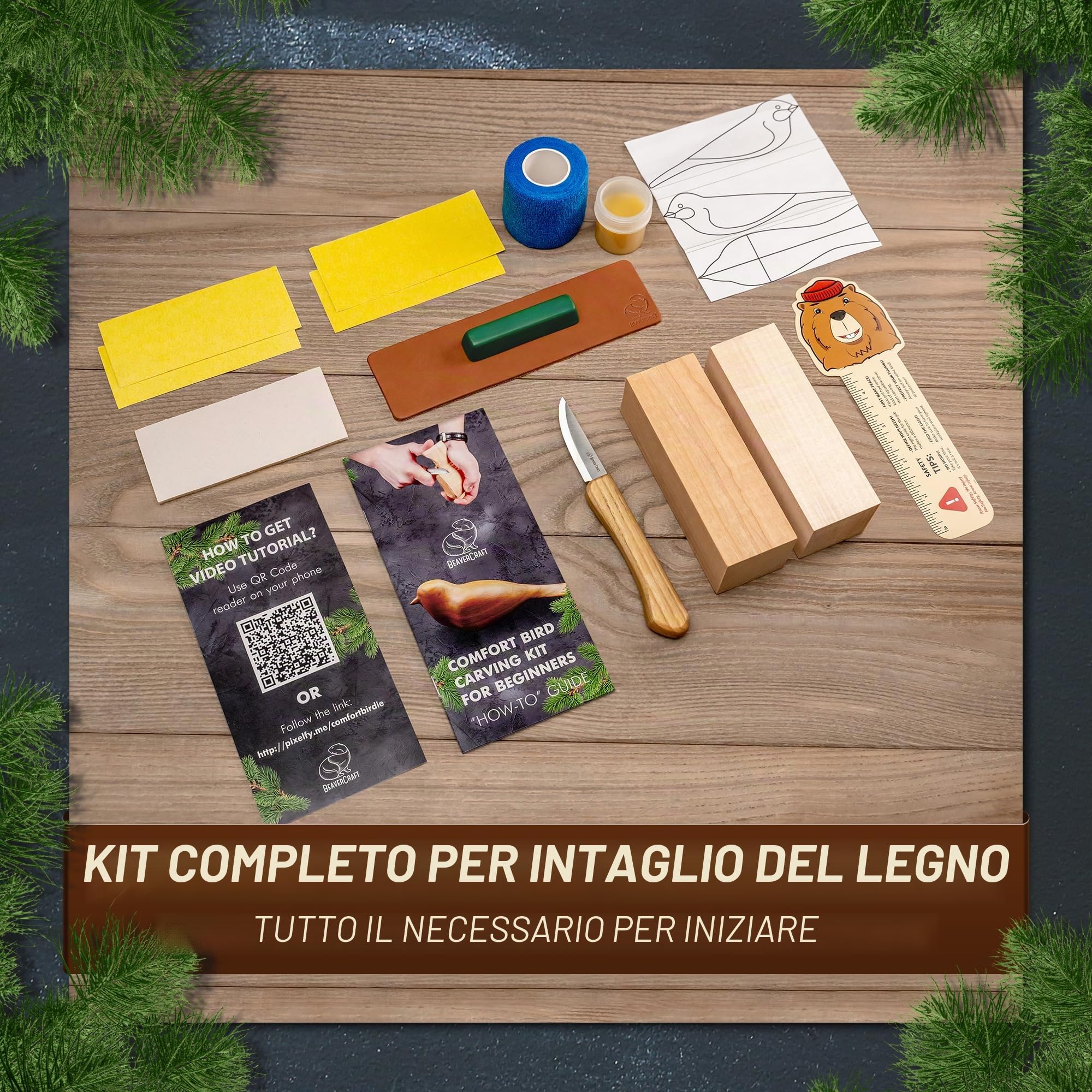 BeaverCraft - Kit completo per principianti in legno di ciliegio, per principianti, adulti e adolescenti, per intagliare gli uccelli, per hobby (blocco extra di tiglio)