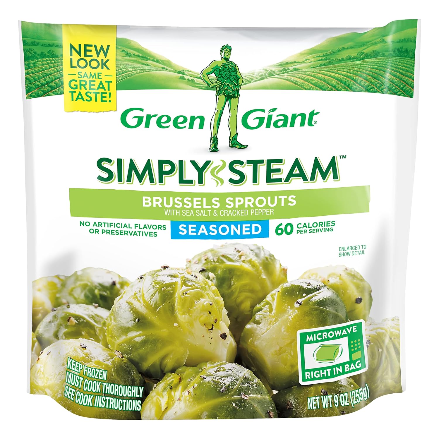 Green Giant Simply Steam Seasoned Brussels Sprouts with Salt & Pepper, 9oz Frozen Veggies - Quick Microwave Side