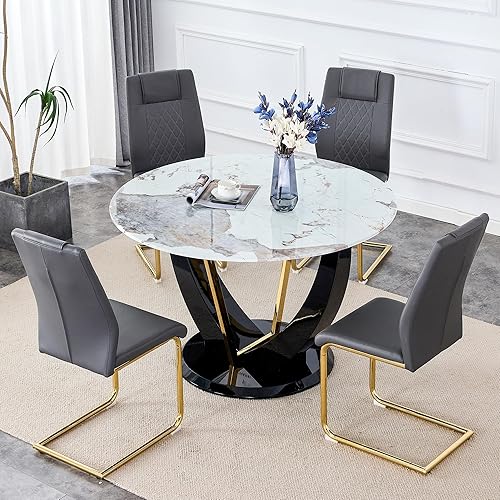 Miniatura 67 de JUFU Juego de mesa redonda de comedor para 6 con sillas, juego de mesa y sillas de 48" compuesto por 6 piezas con superficie de mármol y asiento