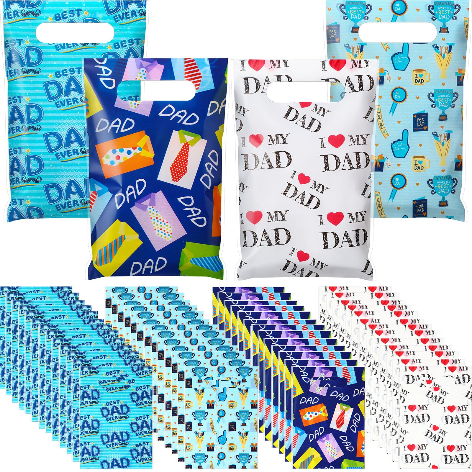 Gilprop 48 Pcs Father's Day Gift Bags with Handle Happy Father's Day Plastic Party Favor Bags the Best Dad Goody Treat Candy Pouches for Papa Grandpa