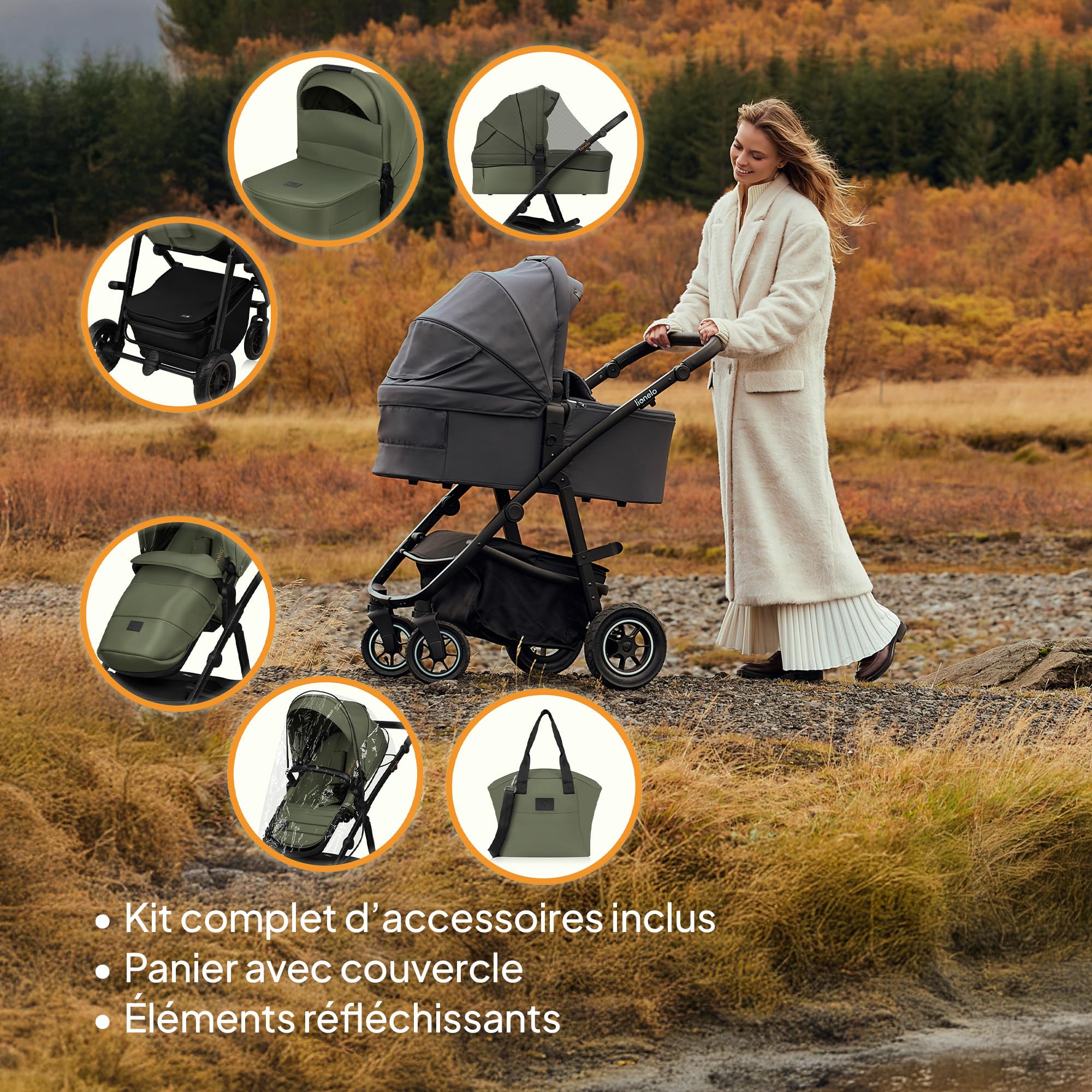 LIONELO Amber Plus - Poussette 2-en-1 0 à 4 ans jusqu'à 22 kg avec baignoire, dossier réglable, harnais 5 points, grandes roues 360o, housse XXL, landau (Green)