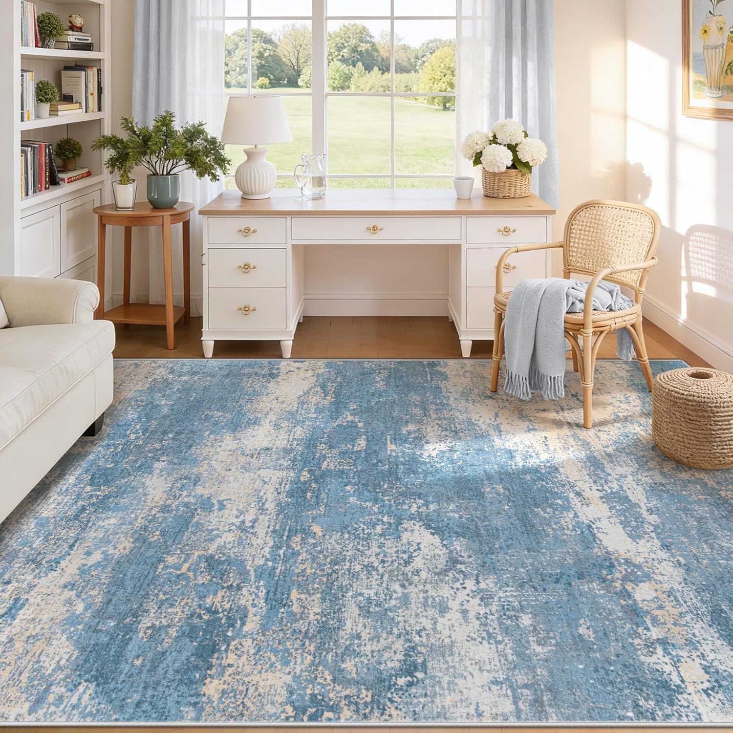5x7 Area Rugs for Living Room: Washable Modern Abstract Blue Rug Large Non Slip Soft Rugs Low Pile Indoor Carpet for Bedroom, Dining Room, Nursery, Office (Blue, 5'x7')