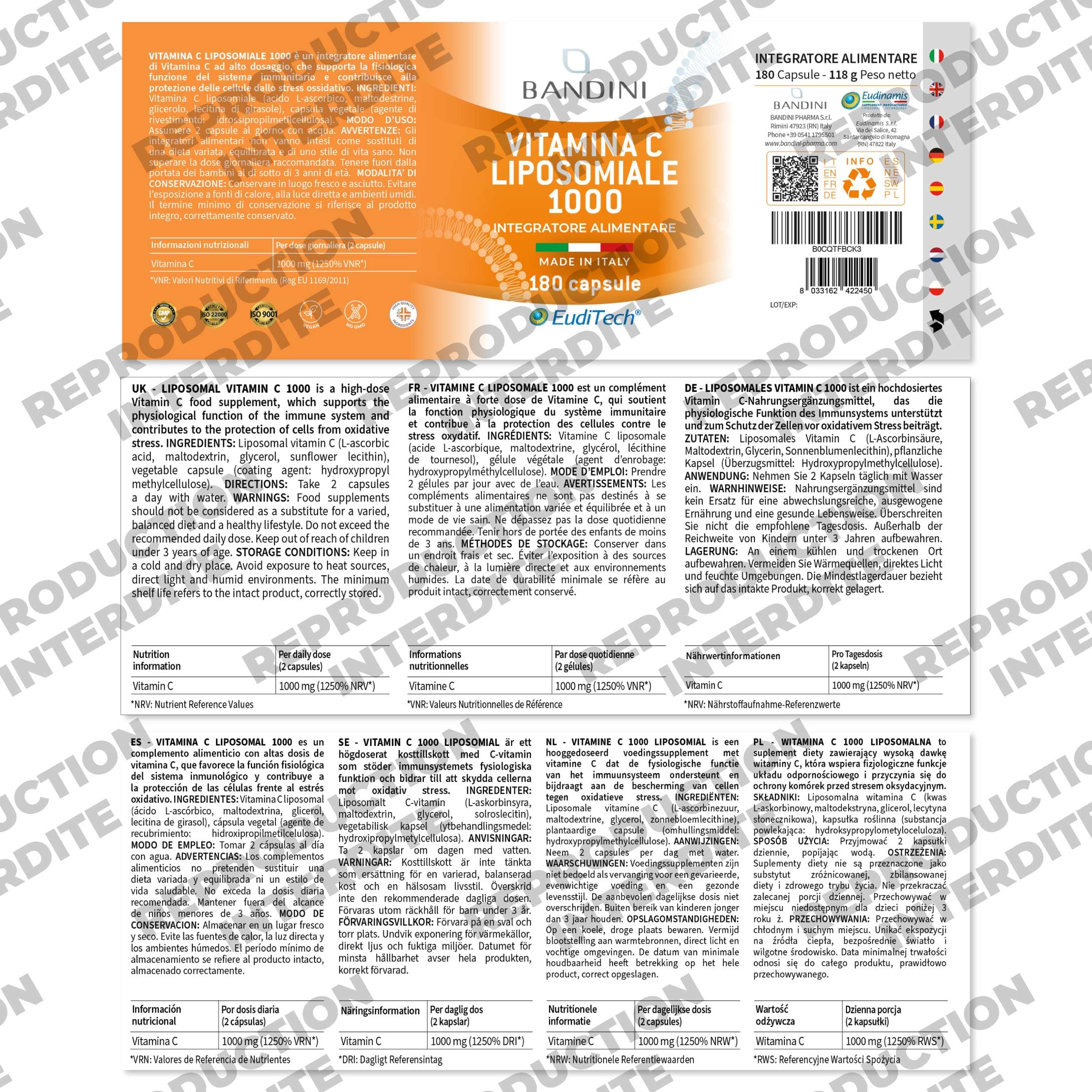 Bandini® Vitamine C Liposomale 1000mg, 180 Gélules Vegan (3 mois), Acide Ascorbique à Haut Dosage, Haute Absorption et Biodisponibilité, Antioxydant, Système Immunitaire, Vit C pour Réduire la Fatigue