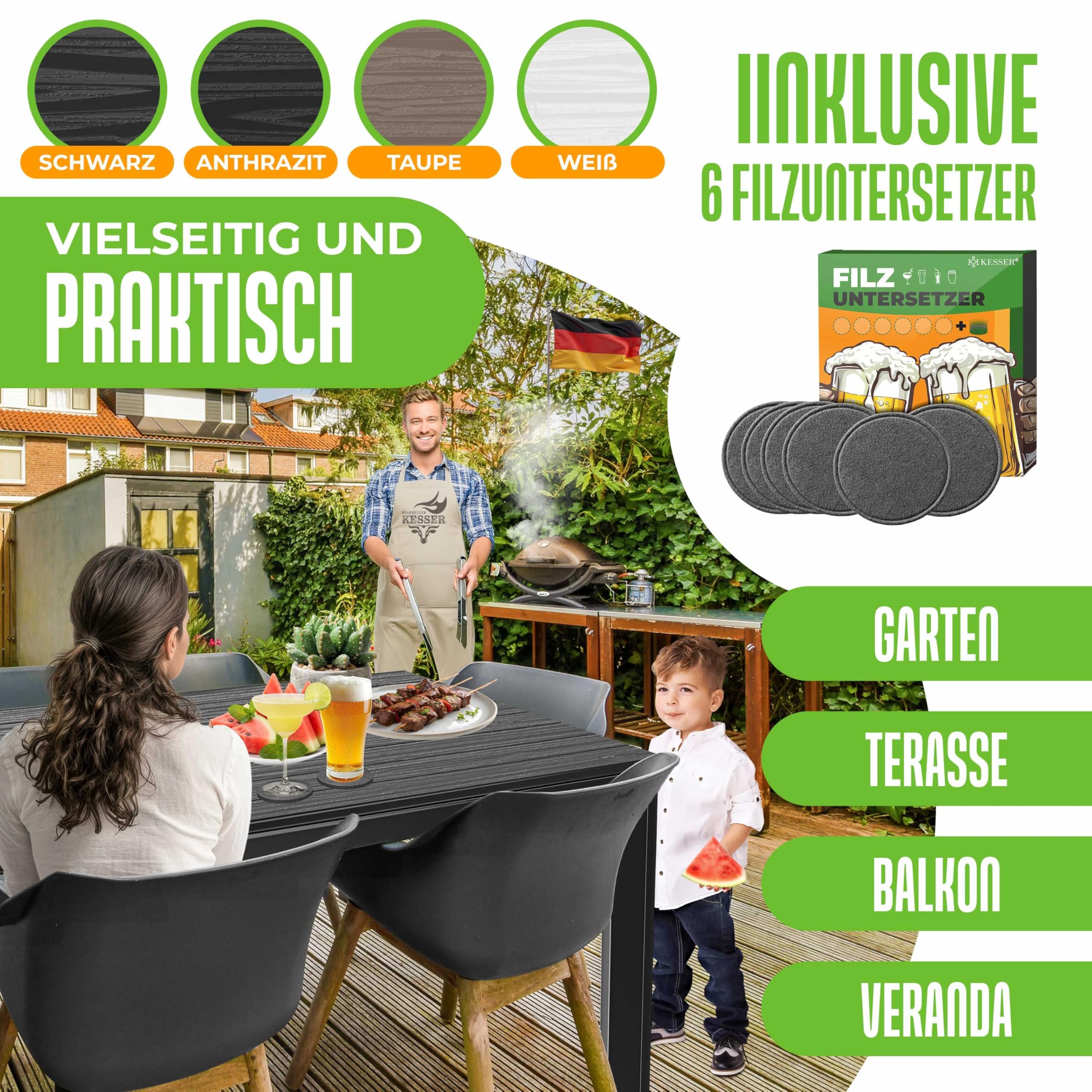 KESSER® Tavolo da giardino 156 x 78 cm, per 6 persone, resistente alle intemperie e ai raggi UV, tavolo da esterno con struttura in acciaio verniciato a polvere e piano in plastica effetto legno, con