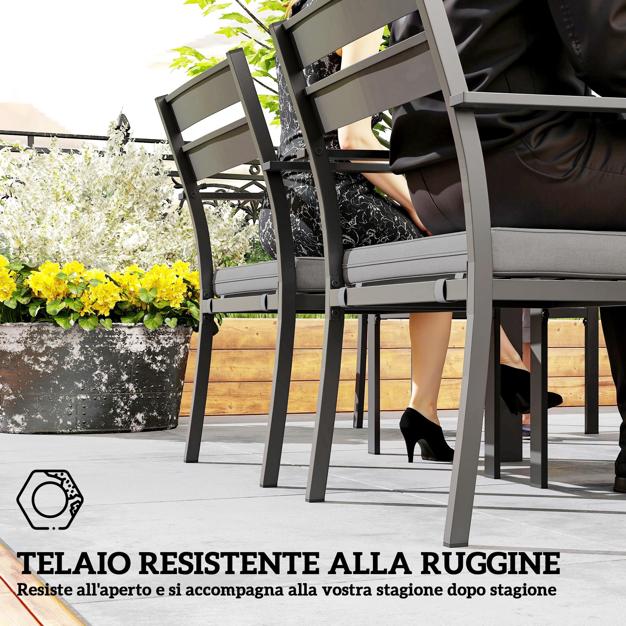 Outsunny Set Tavolo da Giardino con Sedie da 7 Pezzi, Set da Pranzo con Tavolo Allungabile, 6 Sedie da Esterno Impilabili con Braccioli e Cuscini, Set di Mobili a Doghe in Acciaio Alluminio, Grigio
