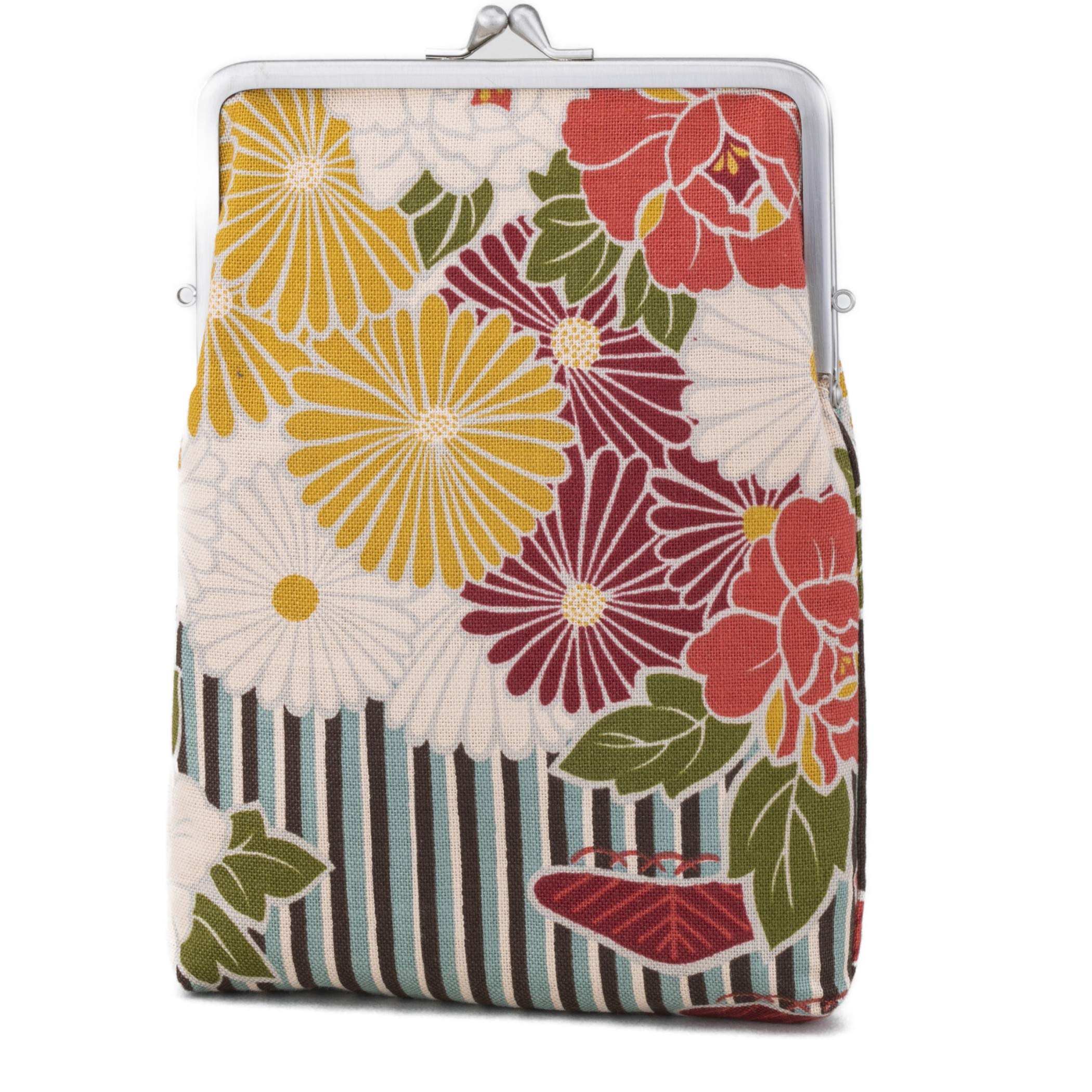 Portamonete con fibbia floreale (piccola borsa per il trucco ovale) / Made in Japan Kiss-lock Change Purse Portafogli Piccola borsa per il trucco da donna, Pochette quadrata / Retro Flower - Lineblue,