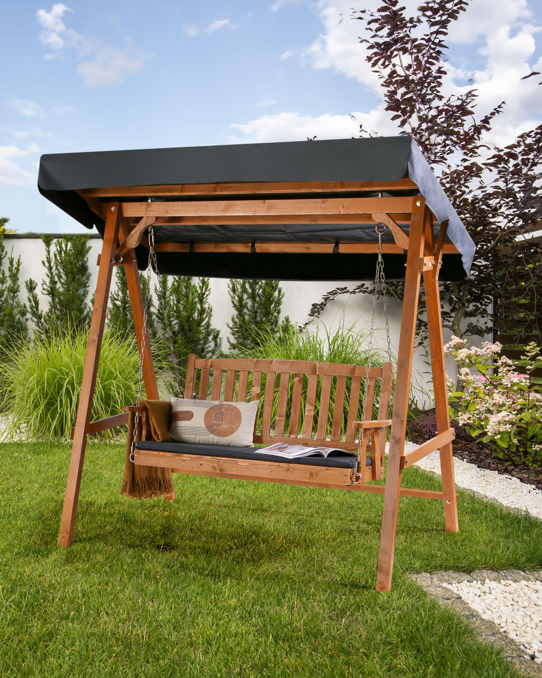 Balancelle d'Extérieur Moderne en Bois d'Epicéa avec Auvent Gris Foncé Fibbialla