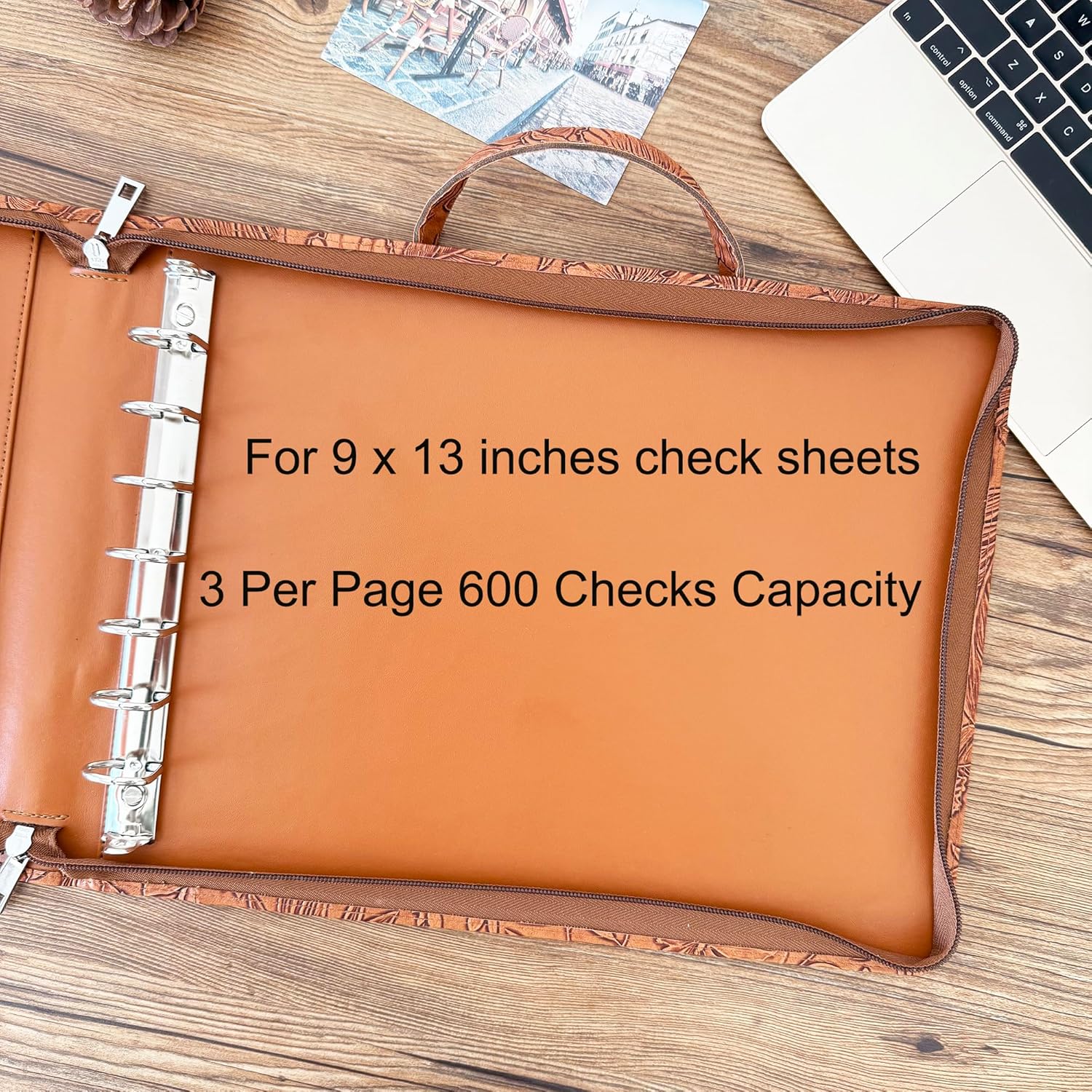 7 Ring Check Binder Vegan Leather Portfolio for 3-Up Business Checks with Handle and Zipper 500 Check Capacity, 9 x 13 inch Sheets Flower Debossed