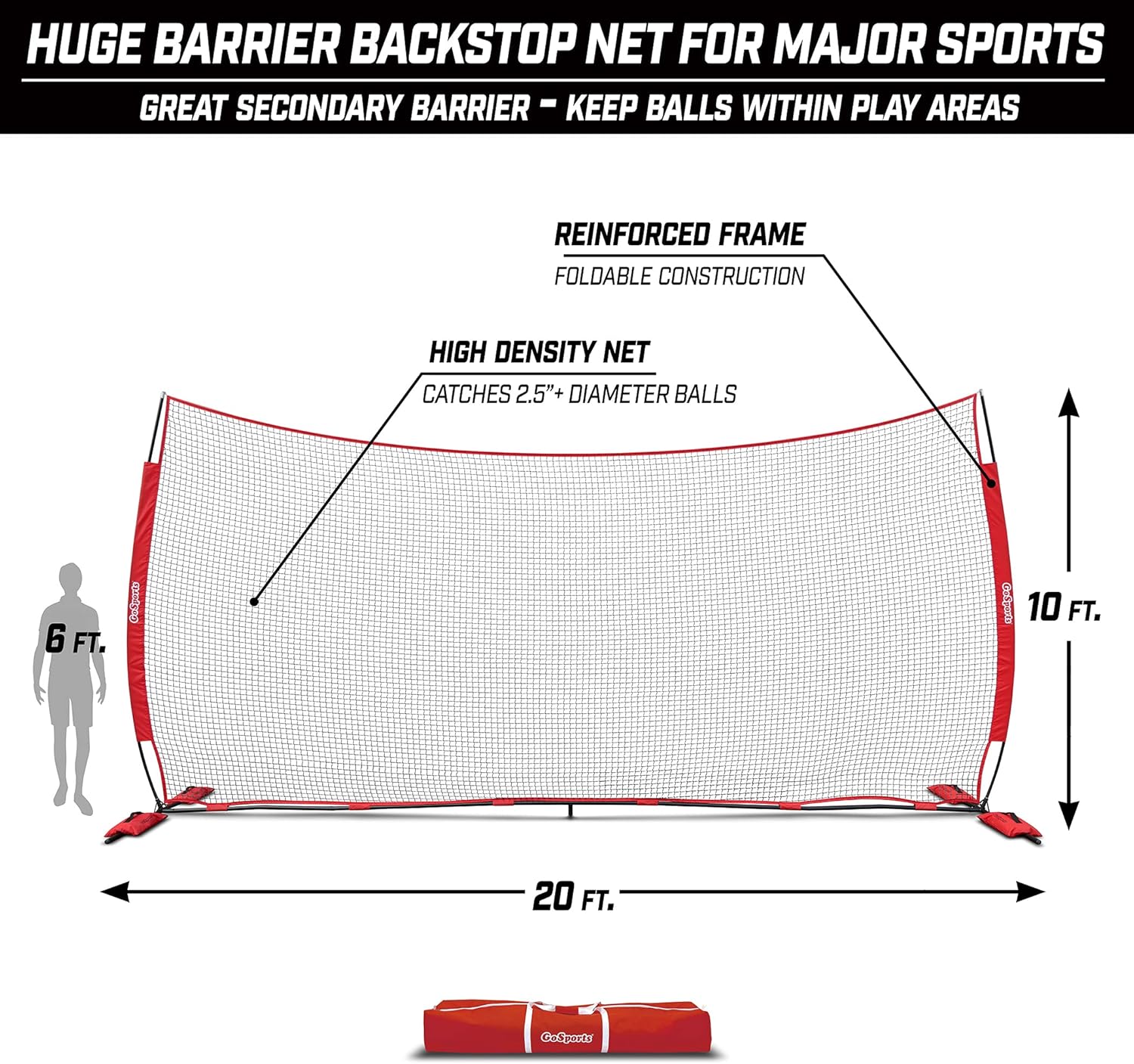 GoSports Portable Sports Barrier Net - 12 ft x 9 ft or 20 ft x 10 ft - Great for Any Sport - Includes Carry Bag