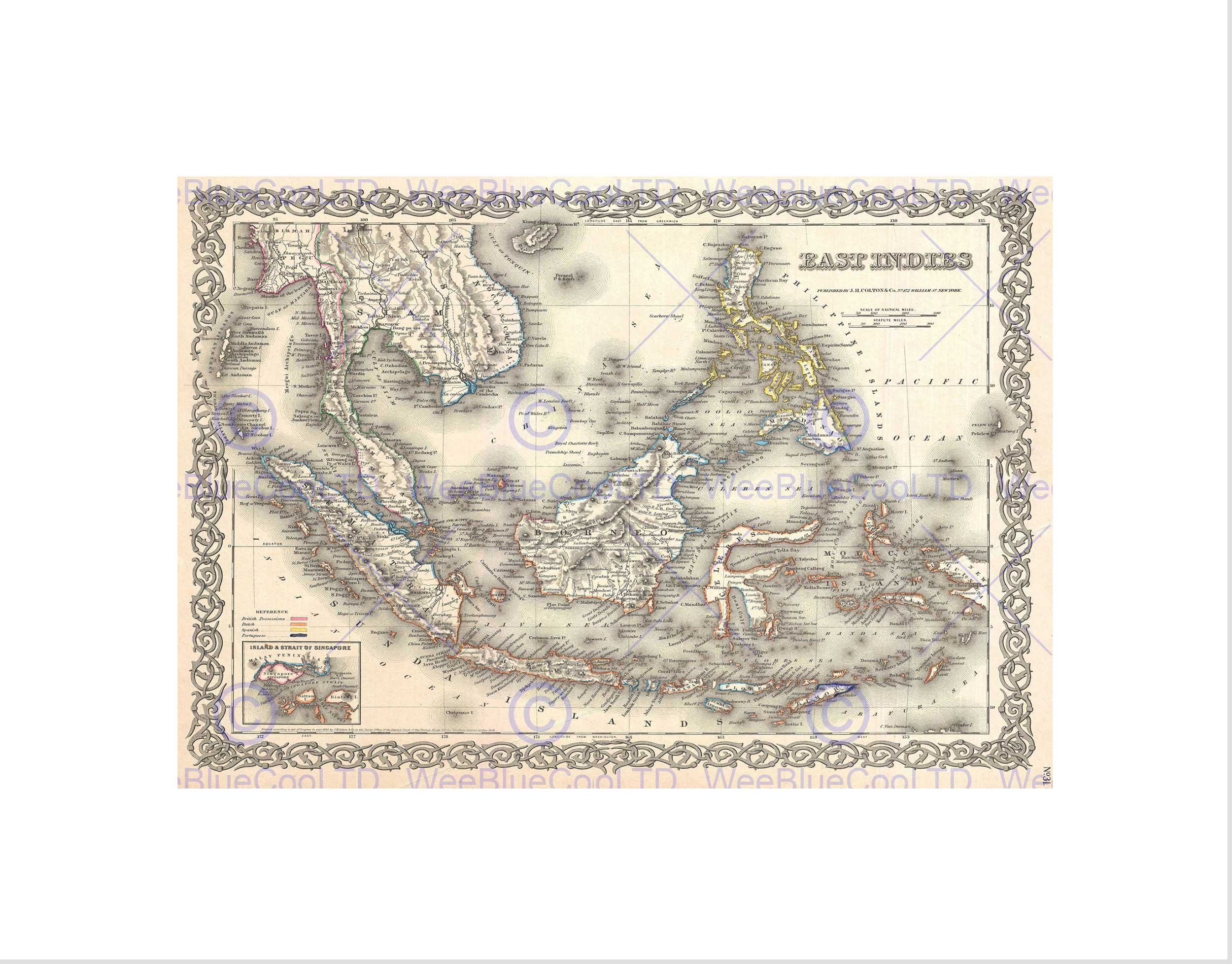 Wee Blue Coo 1855 Colton Map The East Indies Singapore Thailand Borneo Wall Art Print