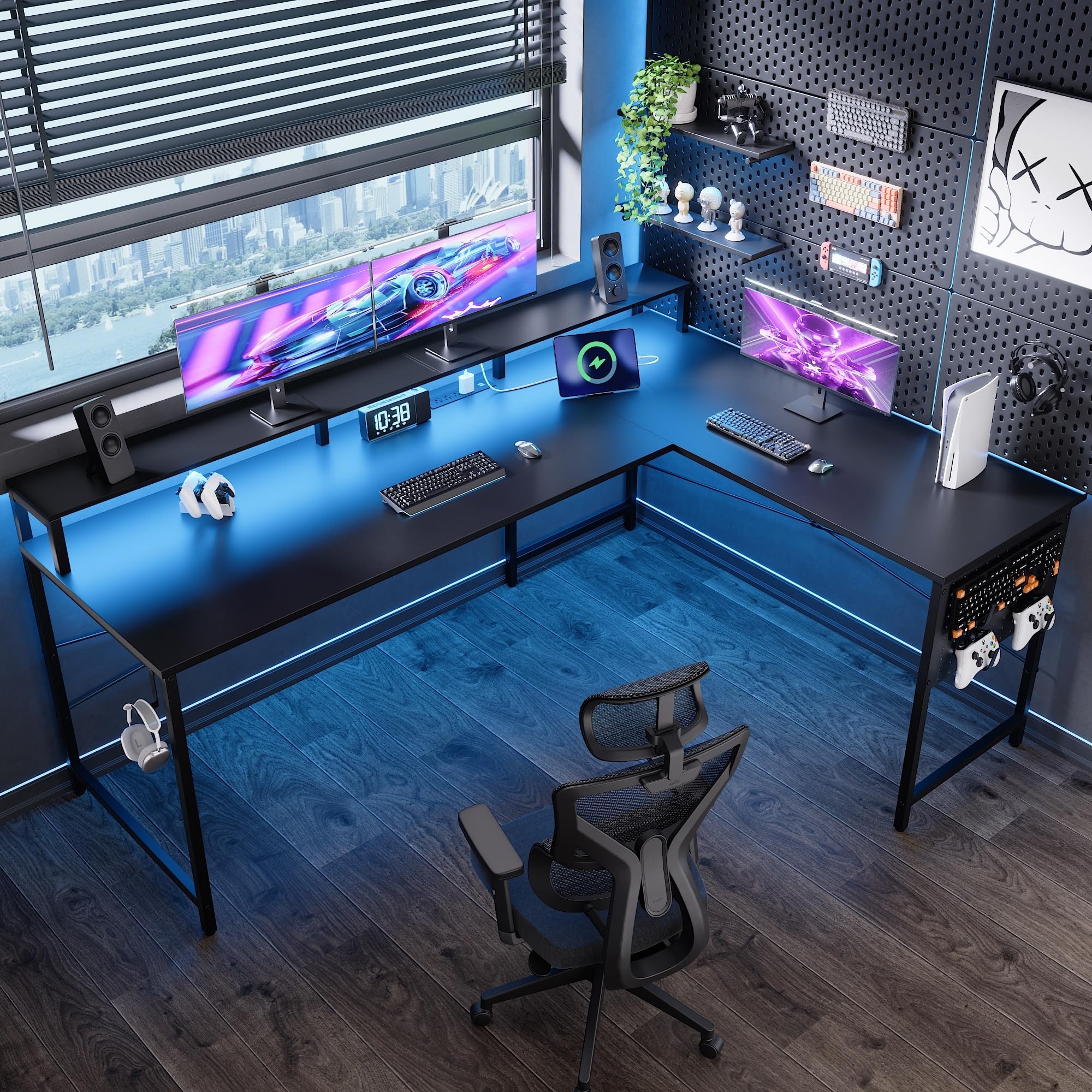 pamray 64 inch l shaped gaming desk with power outlets and led lights, large corner computer desk with monitor stand and pegboard, pc table for home office and bedroom black