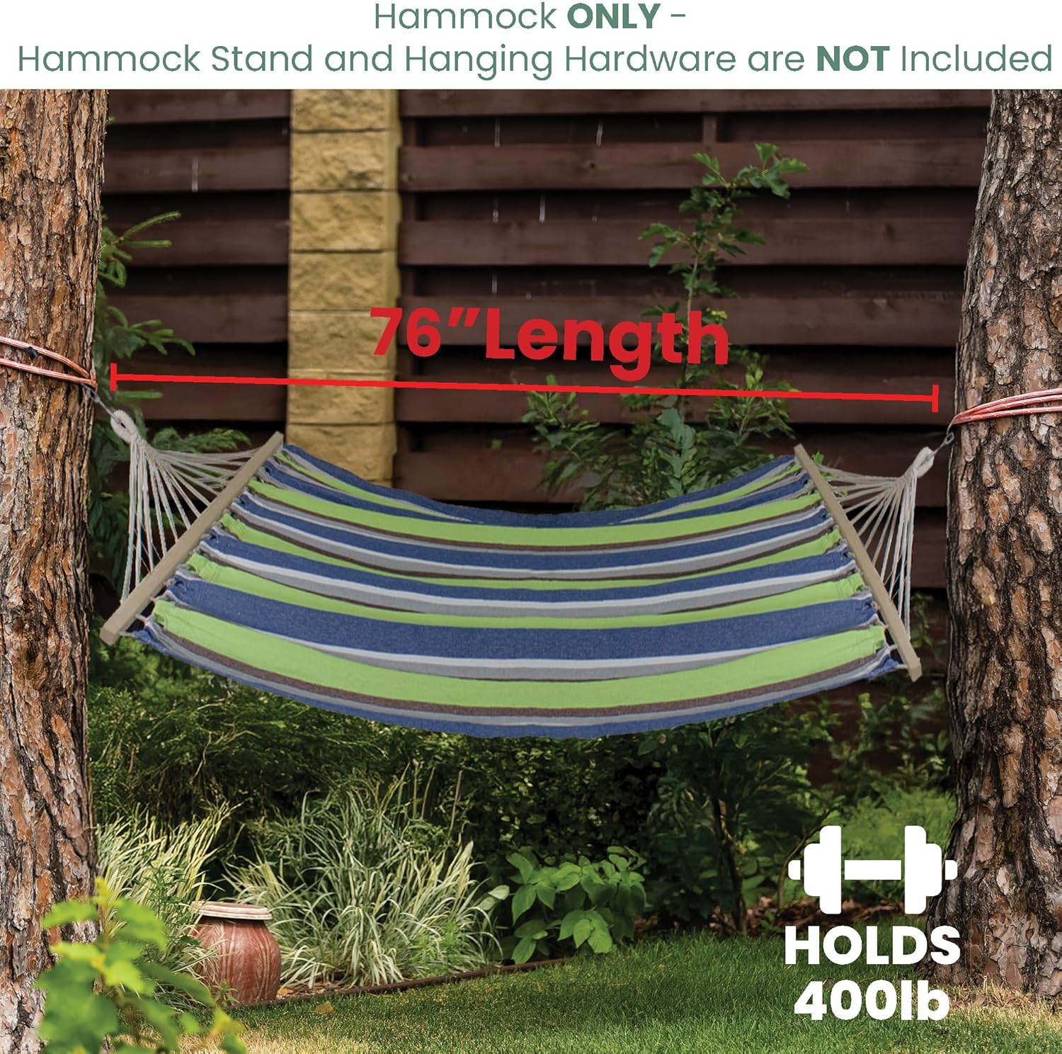 Northlight 32816522 Lime Green and Royal Blue 55" x 78" Stripe Poly Cotton Hammock with Wooden Bars and Tassels