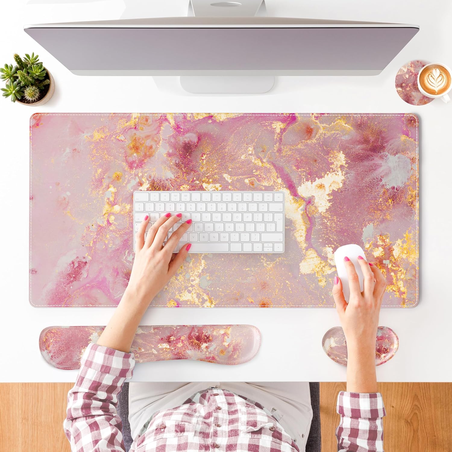 QiyI Leather Desk Mat Set, 4-in-1 Large Mouse Pad with Wrist Rest, Non-Slip Desk Pad + Keyboard Wrist Rest + Mouse Wrist Support + Coaster, Office Desk Accessories Home Decor Supplies, Pink Marble