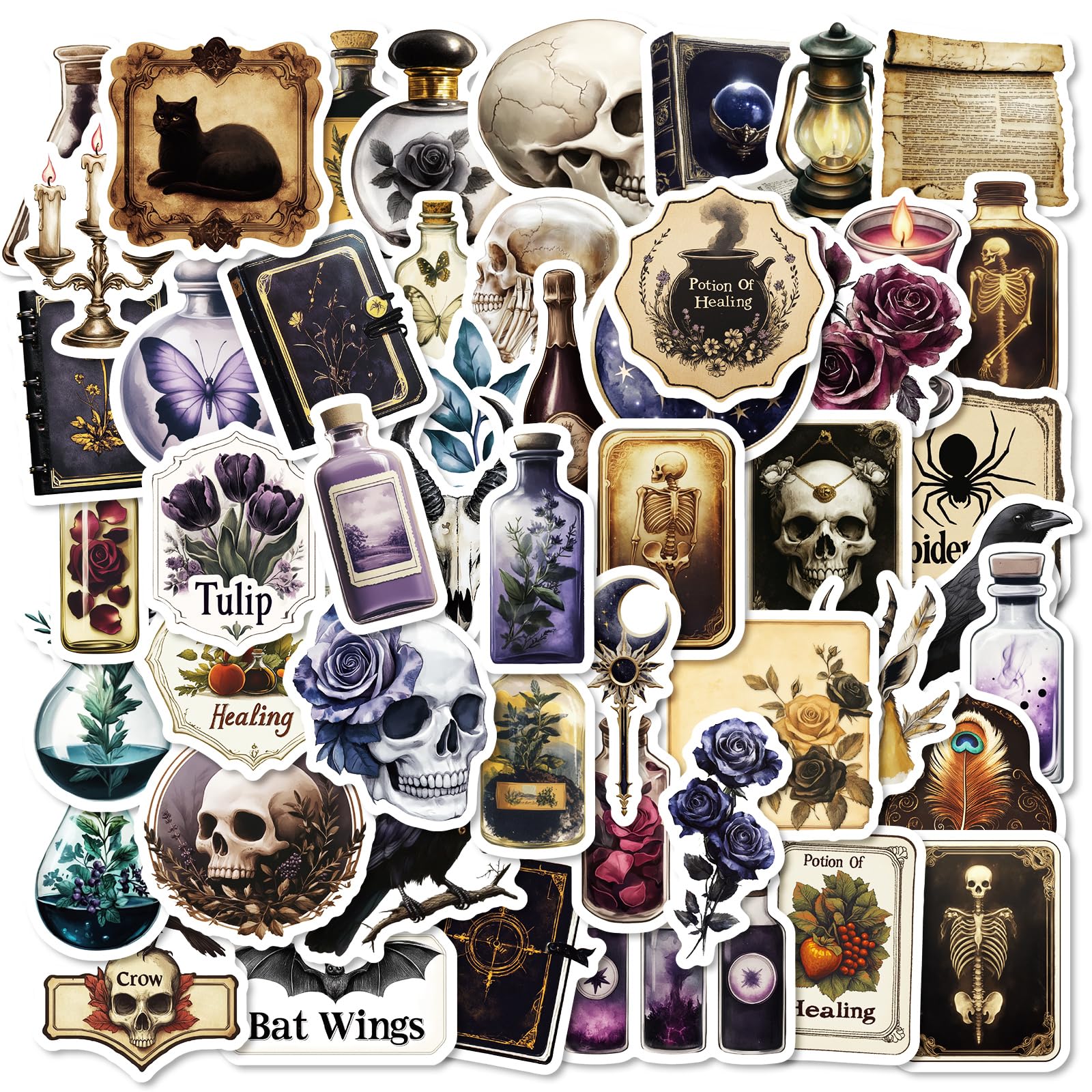 50Pcs Gothic Stickers Pack, Vintage Skull Stickers for Water Bottle Laptop Scrapbook Journaling Skateboard, Waterproof Vinyl Graffiti Punk Spooky
