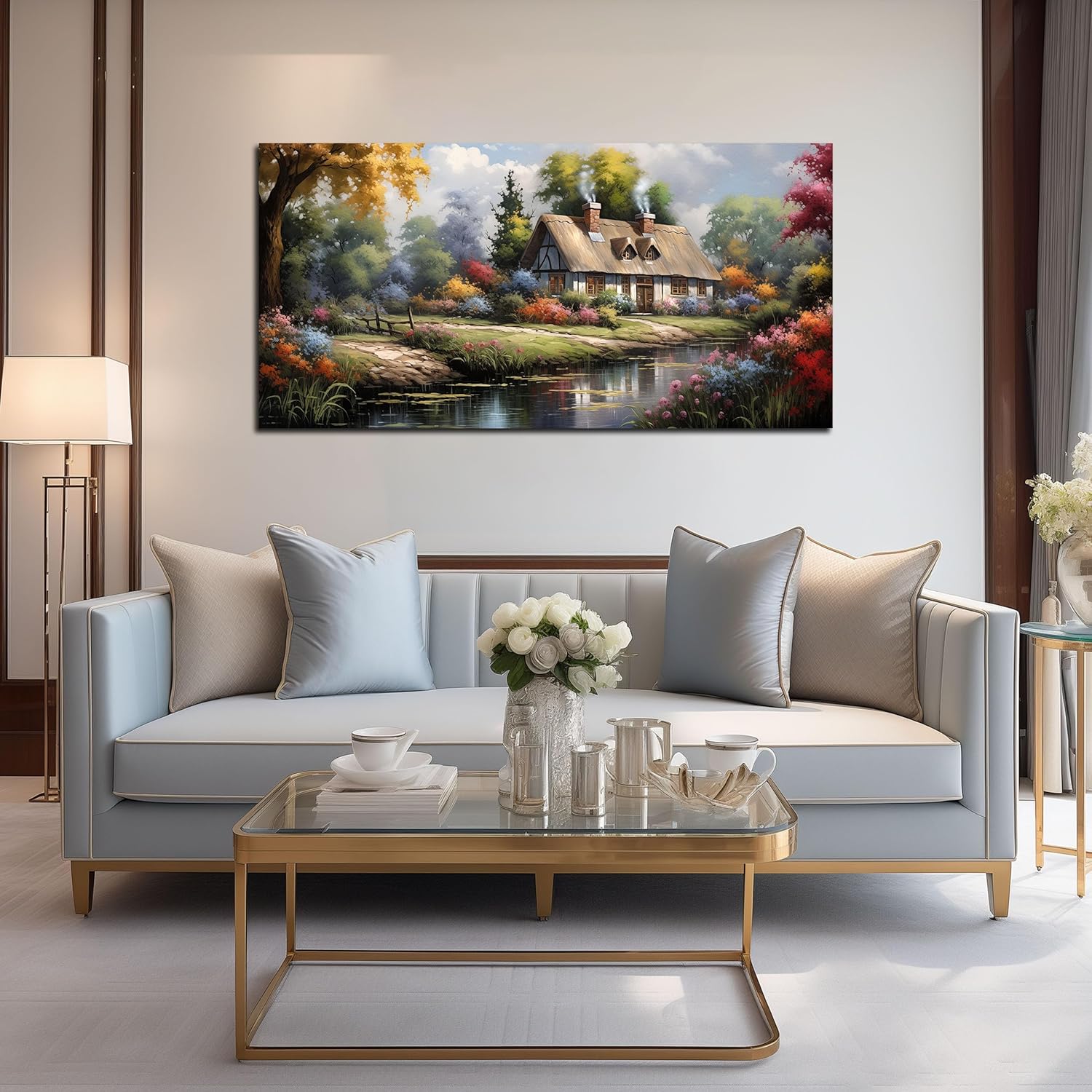 Large Canvas Wall Art for Living Room Countryside Mountain River Landscape Wall Art Decor Prints Farmhouse Decor Pictures Meadow Wildflower Artwork Canvas Painting Wall Decor for Bedroom 24x48 IN
