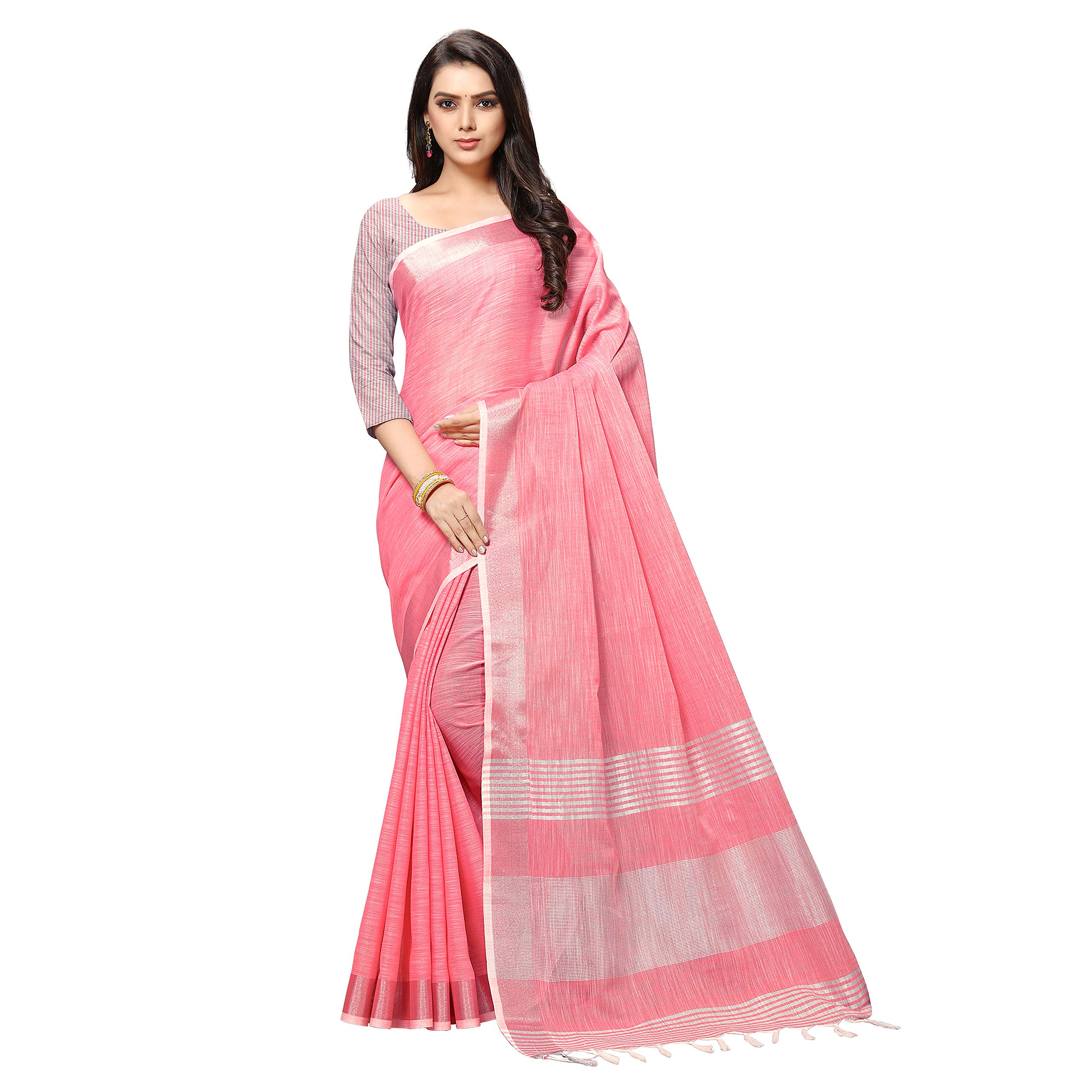 Rekha Maniyar Women's Jacquard Linen Saree With Unstitched Blouse Piece (SILVERLINEN)