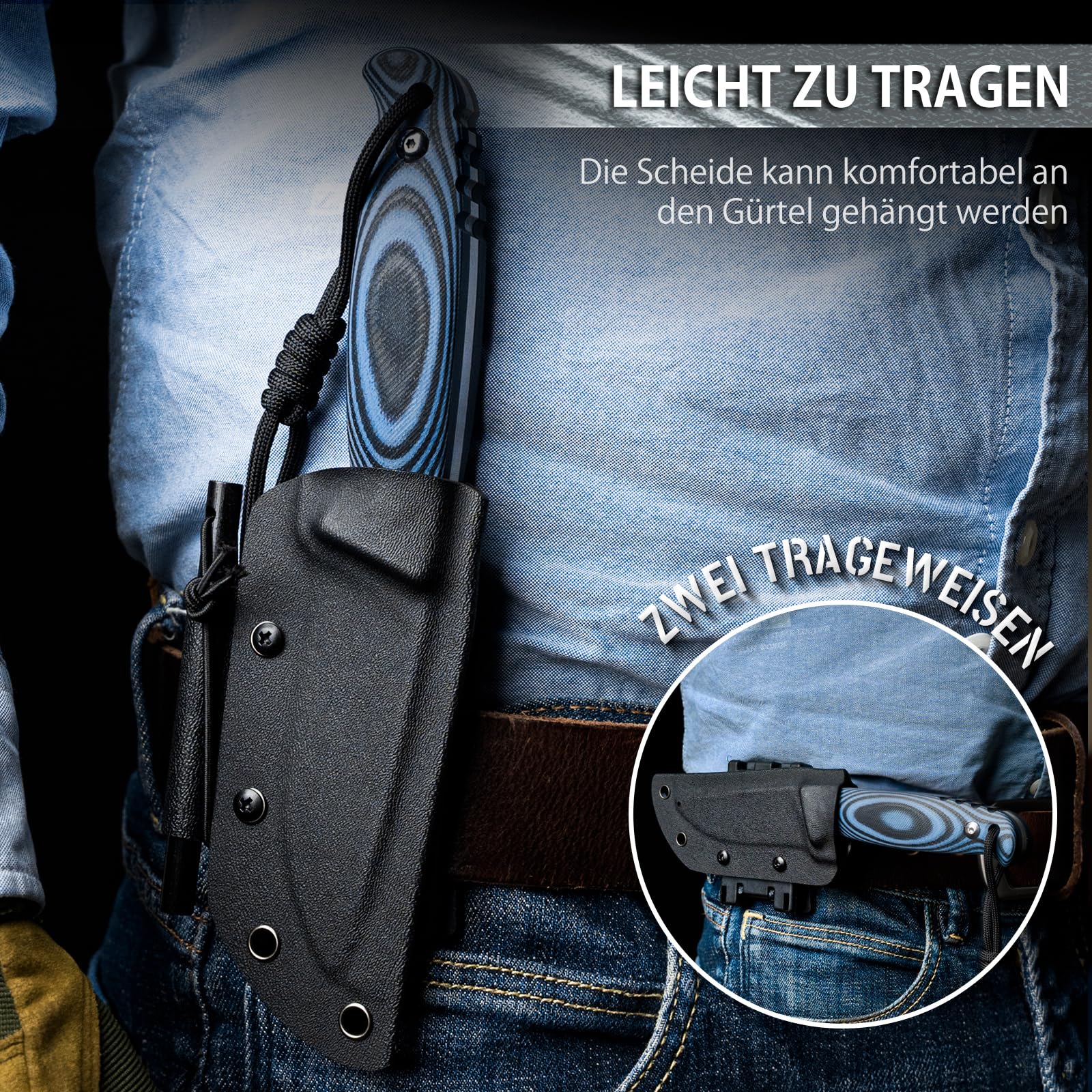 NedFoss Outdoor Messer mit Kydex Holster, Bushcraft Messer 9cm Klingenlänge | Fulltang Jagdmesser Fahrtenmesser, scharfes rutschfestem G10 Griff, Schwarz