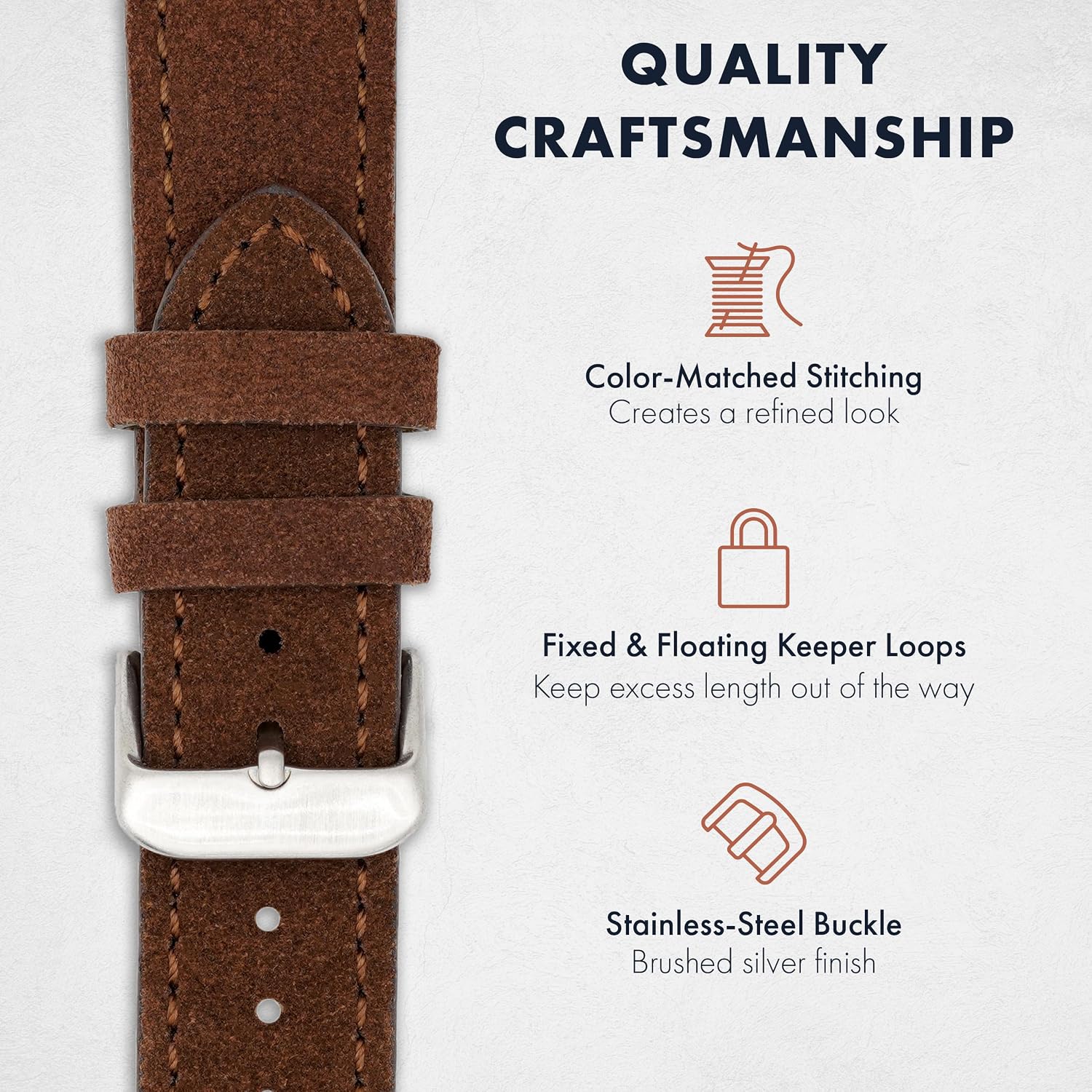 Benchmark Suede Watch Strap - Rustic Suede Leather Watch Band with Quick Release Spring Bars - Choice of Color & Width - 18mm, 20mm or 22mm