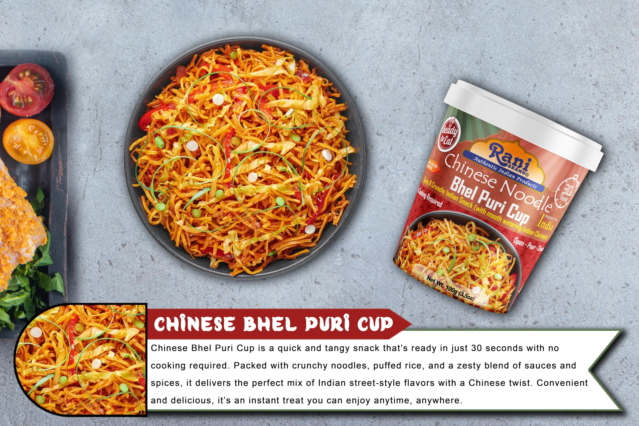 Rani Chinese Noodle Bhel Puri Cup (Spicy & Crunchy Indian Snack w/mouth watering Indian Chutneys) 3.5oz (100g), Pack of 4 ~ Ready to Eat | Vegan | NON-GMO | Indian Origin