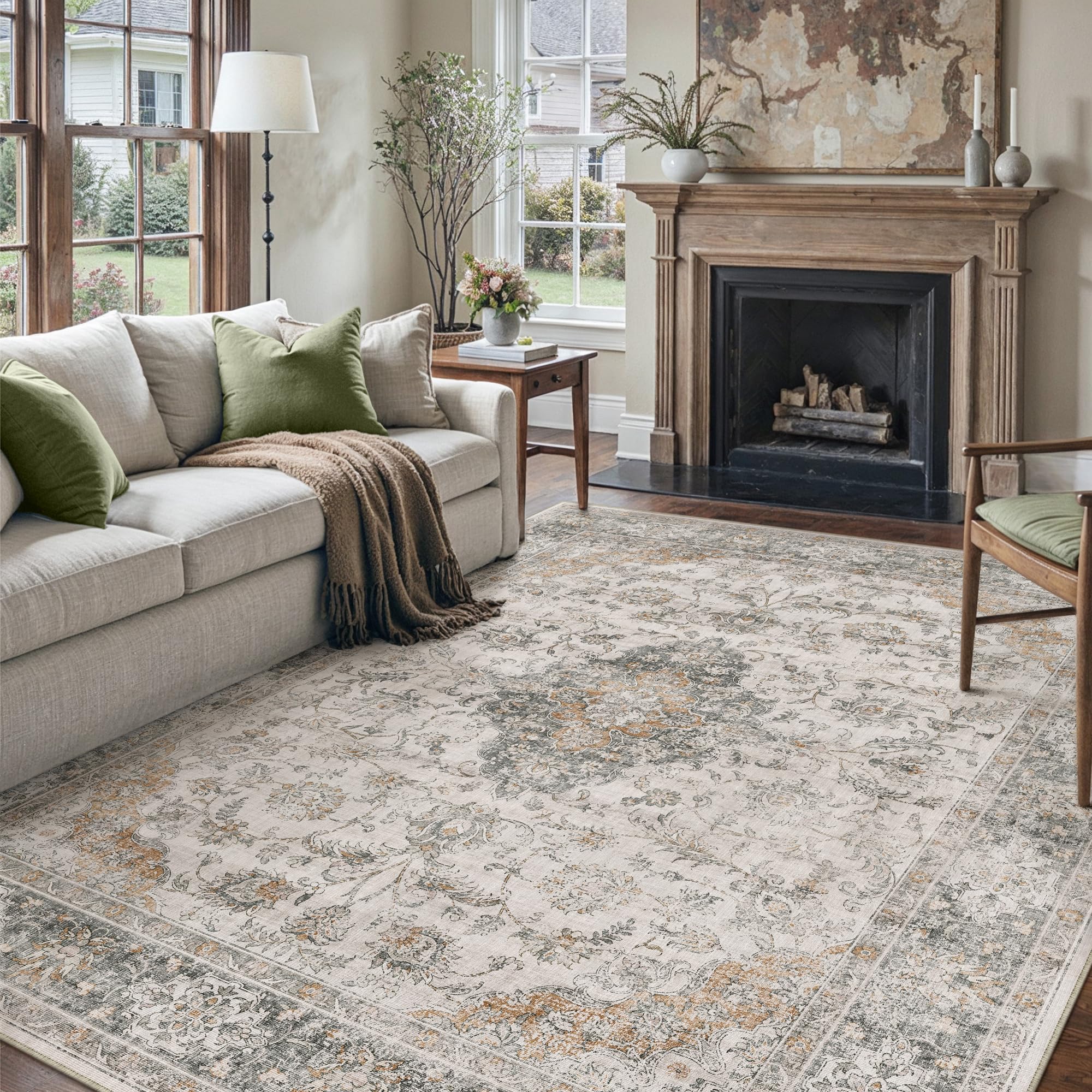 hugear retro taupe green area rug 9x12 machine washable living room rugs distressed vintage floral low pile carpet bedroom office dining room laundry room non slip soft lightweight