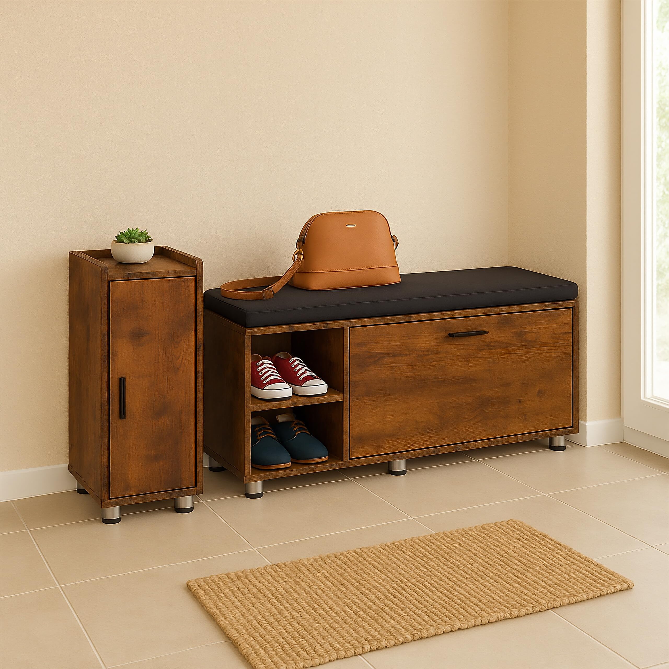 Relaxdays Banco Zapatero con Asiento y Armario, Set de 2, Banqueta para Pasillo, Dormitorio, Espacio Almacenaje, Negro