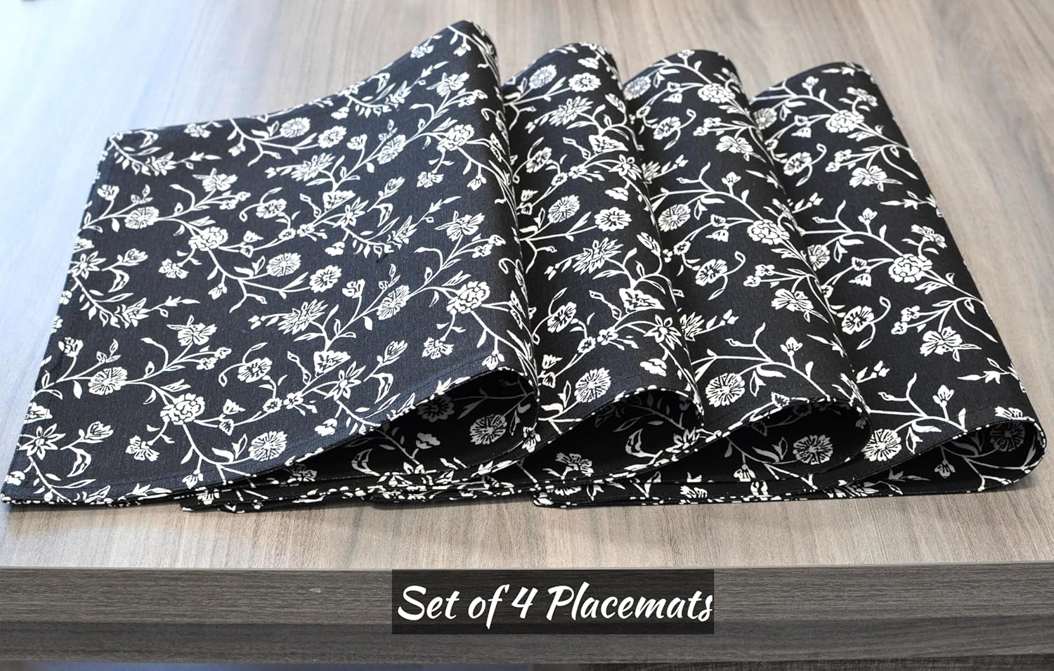 Floral Dining Table Placemats Vintage Flowers Botanical Design Rustic Vintage Rectangular Washable Cloth Dinner Place Mats for Kitchen Retro Home Decor Black and White 14”x20” Set of 4