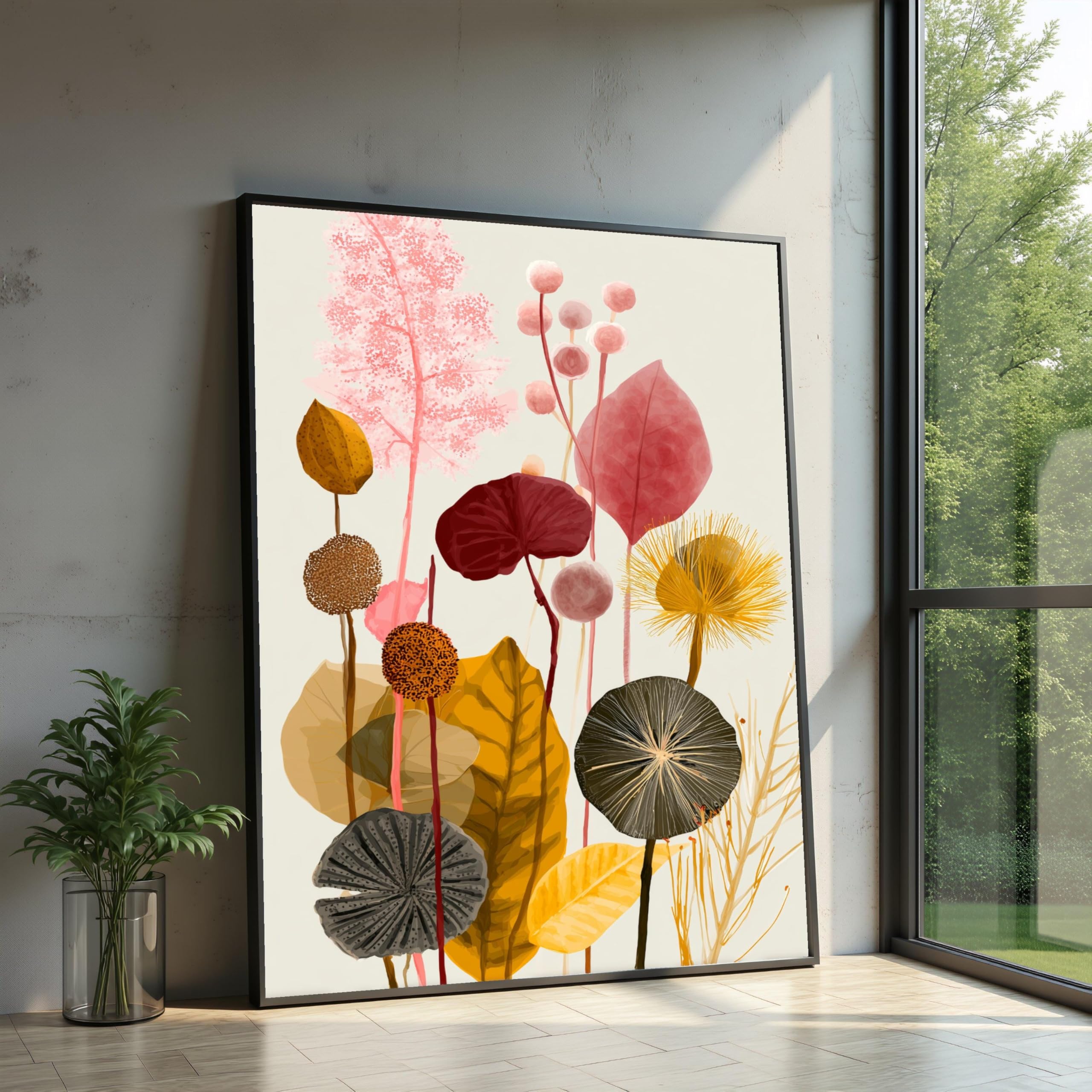 TONGYINLI Autumn Botanical Posters Prints, Modern Floral Wall Art, Warm Earth Tone Dried Leaves Painting, Bohemian Canvas Print(70x110cm/Frameless)