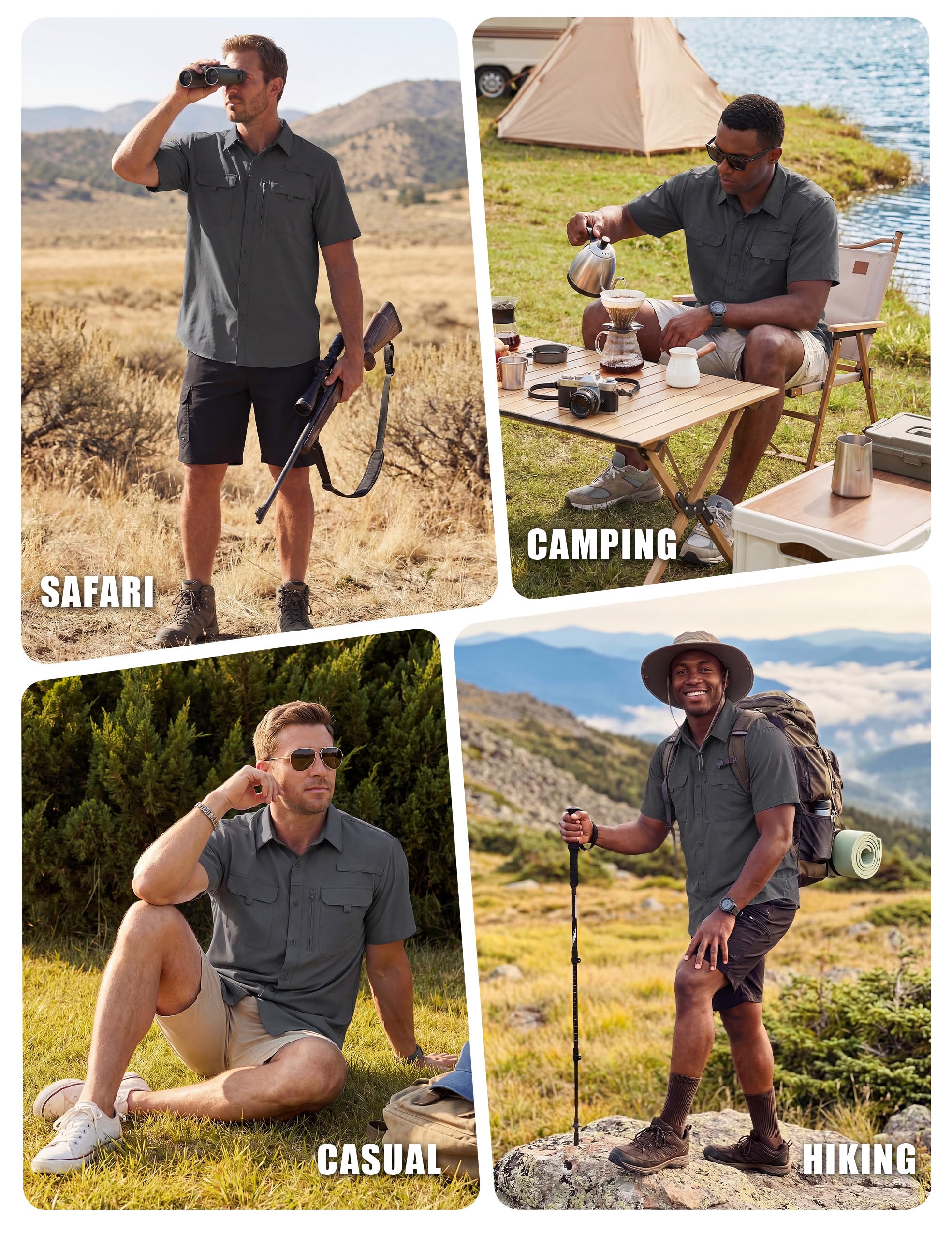 Chemise Homme Manches Courtes UPF 50+ Protection UV Séchage Rapide Légère Respirante Chemise Outdoor pour Randonnée Pêche Voyage Safari Travail