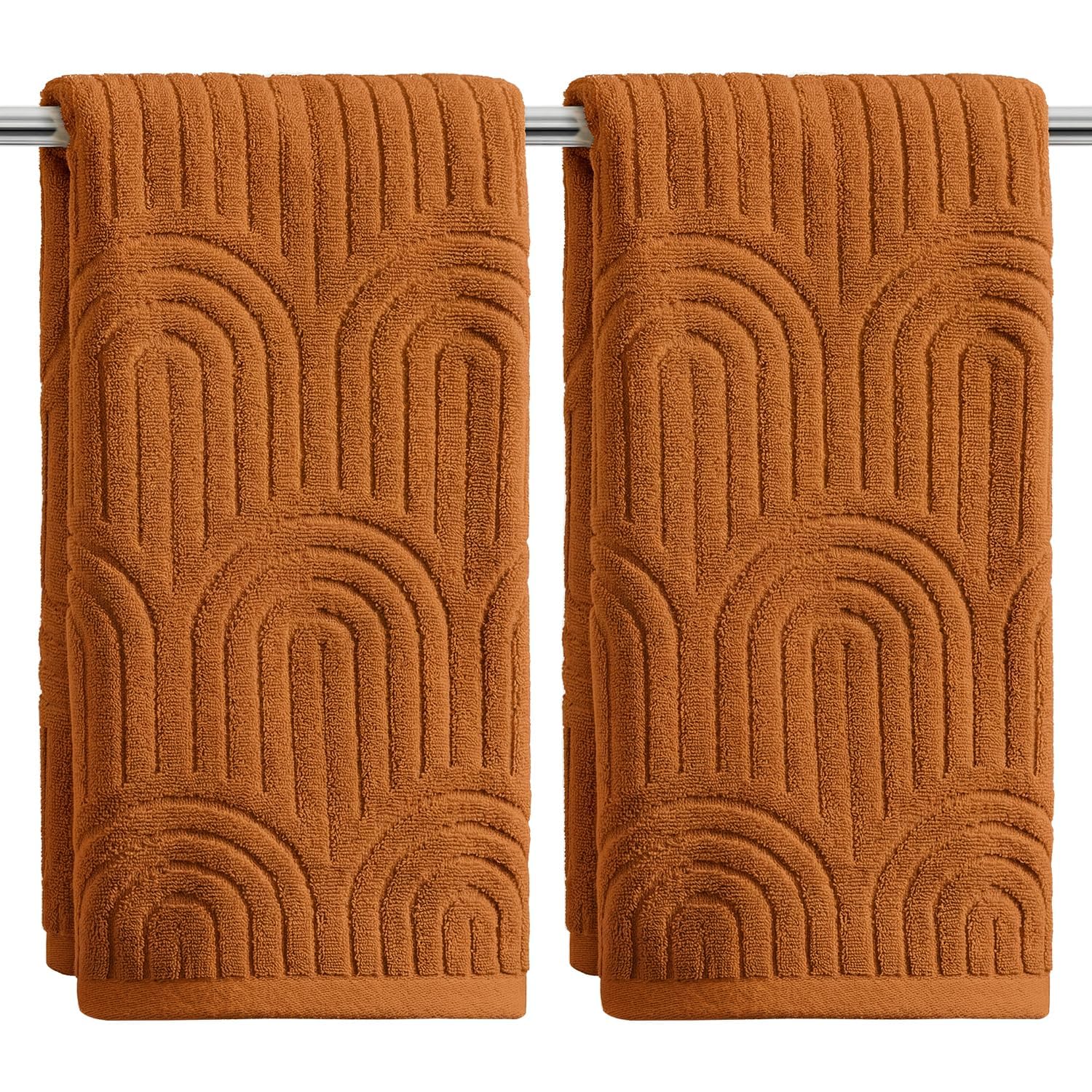 Artoid Mode 2 Pcs Caramel 3D Arched Stripes Jacquard Hand Towels for Bathroom, 100% Cotton Soft Absorbent Bathroom Decor Towels, 13.7 x 29.5 Inch OEKO-TEX STAND