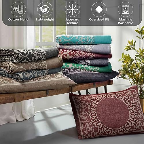 Miniatura 6 de Superior Juego de colcha de gran tamaño de estilo bohemio, medallón texturizado de tejido jacquard, mezcla de algodón y poliéster con fundas de