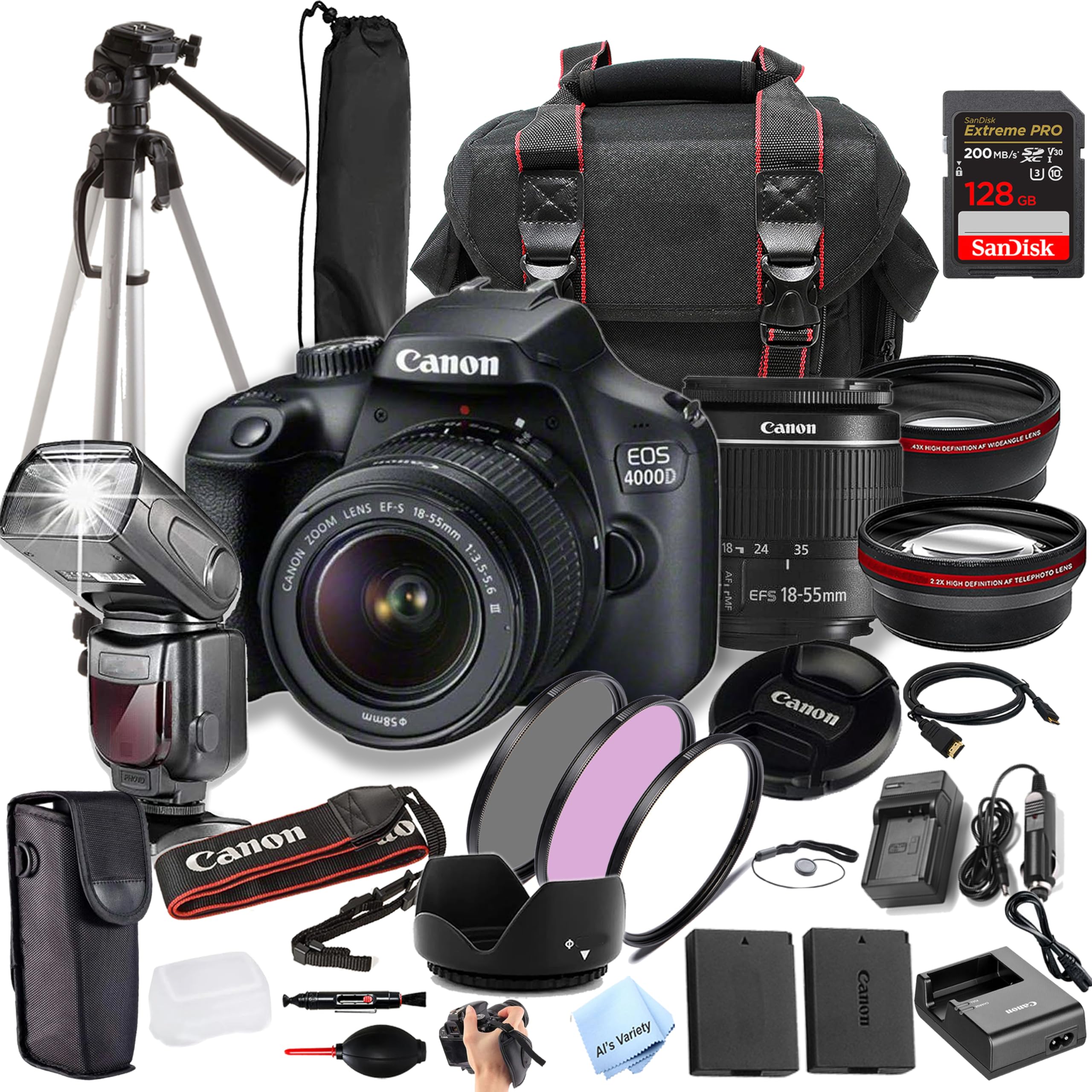 Canon EOS 4000D (Rebel T100) w/EF-S 18-55mm + 128GB Extreme Speed Card, Camera Case, Tripod,TTL Speedlite, Spare Battery, Filter Kit, and More (Extreme Pro-Bundle) (Renewed), Black