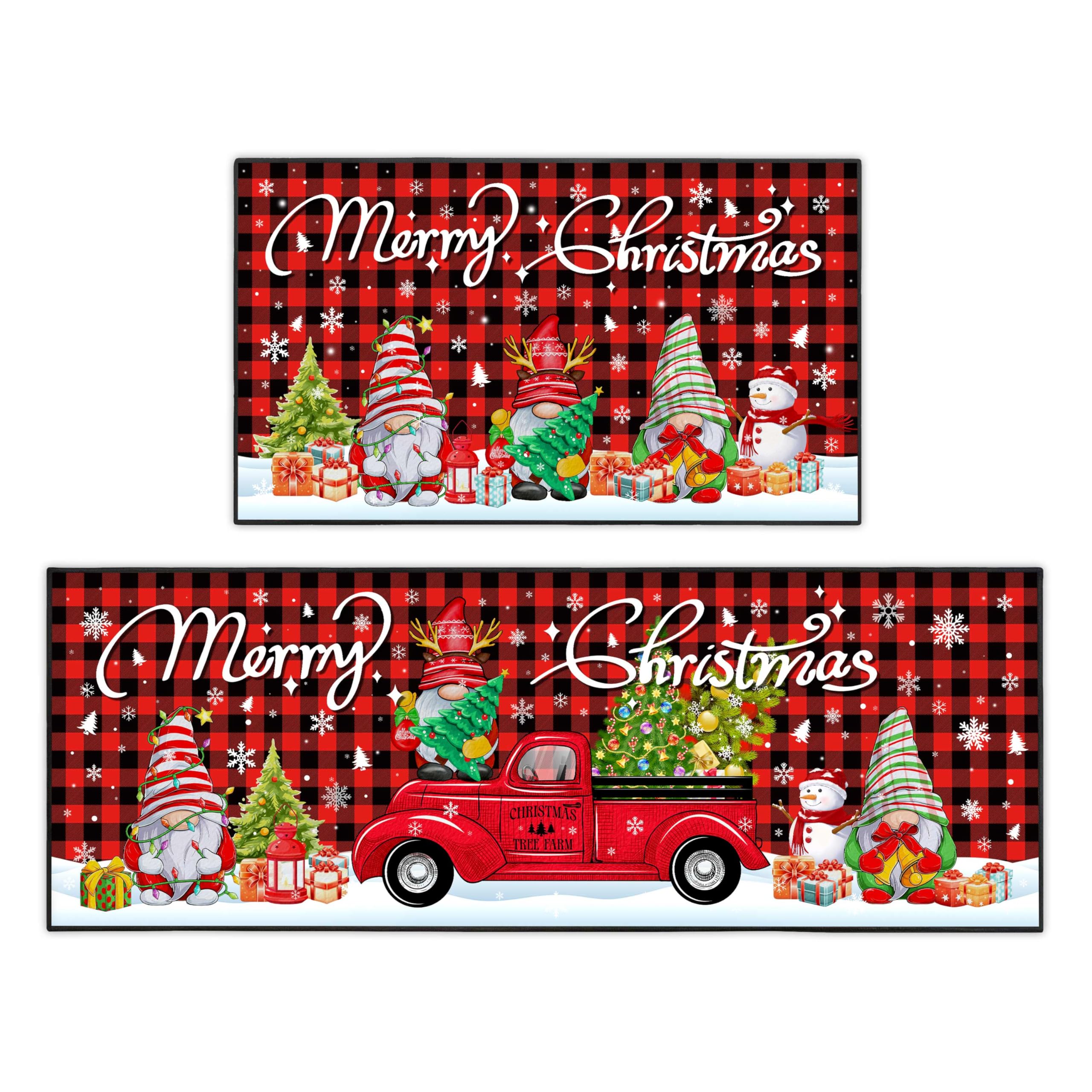 2 Pcs Christmas Dwarf Kitchen Rugs and Mats, Merry Christmas and Happy New Year Decor Non-Slip Floor Mat Sets, Gnome Snowman Washable Microfiber Carpet 17x47+17x30 Inches