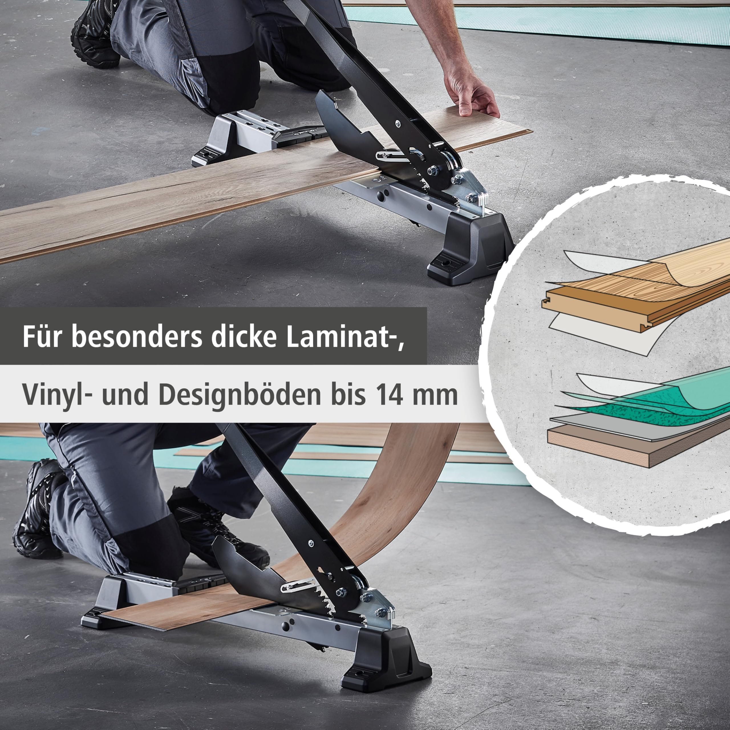 wolfcraft Vinyl- & Laminatschneider VLC 1000 - bis 370 mm - 6940000 | Für Laminat, Vinyl & Designböden bis 14 mm Stärke - 3-fache Kraftübersetzung - geräuschlos & stromfrei