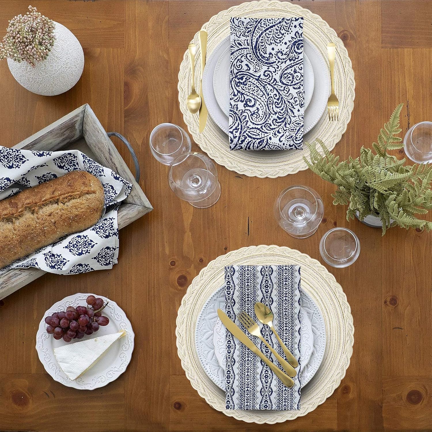 SHACOS Boho Round Placemats Set of 8 Braided Border Round Place Mats 15 inch Washable Dining Table Mats for Home Wedding Holiday Party (Ivory Bordered, 8)
