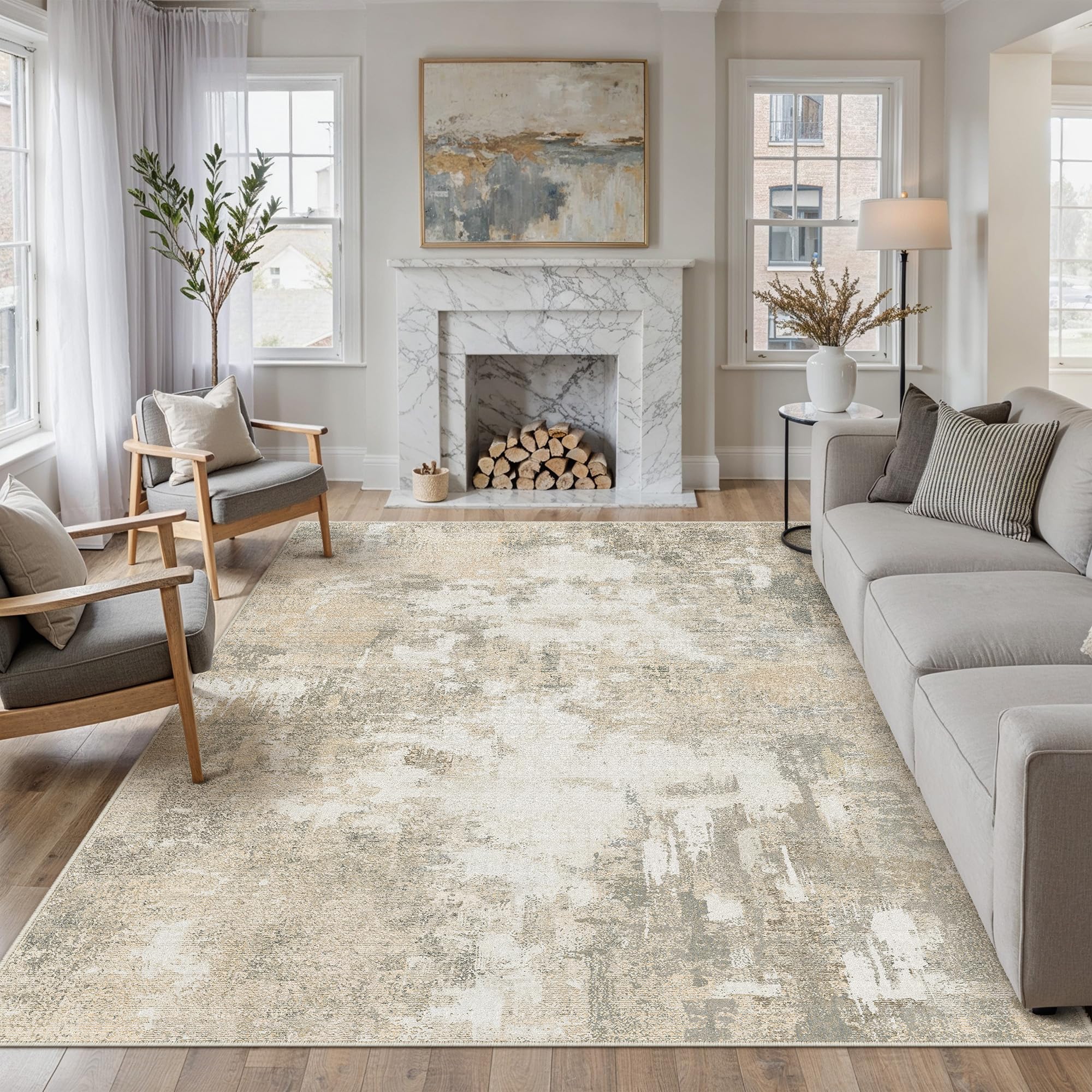 PureCozy Beige Abstraktes Teppich Wohnzimmer 240x300 cm, Vintage Waschbarer Teppiche rutschfest für Schlafzimmer Balkon LäUfer KüChe Esszimmer BüRo Flach, Indoor Modern Weicher Kurzflor Carpet