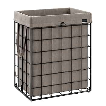 SONGMICS Laundry Hamper, 23.8 Gal. (90L) Laundry Basket, Collapsible Clothes Hamper, Removable and Washable Liner, Metal Wire Frame, for Bedroom Bathroom, Black and Camel Brown ULCB190N01