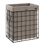 SONGMICS Laundry Hamper, 23.8 Gal. (90L) Laundry Basket, Collapsible Clothes Hamper, Removable and Washable Liner, Metal Wire Frame, for Bedroom Bathroom, Black and Camel Brown ULCB190N01